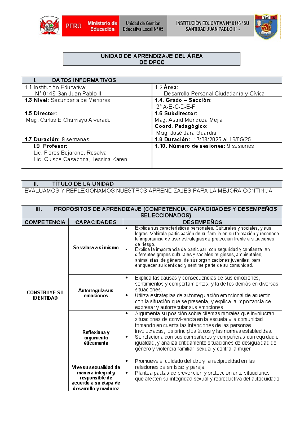 Unidad de Aprendizaje DPCC 2DO AÑO: Evaluamos y Mejoramos Aprendizajes ...
