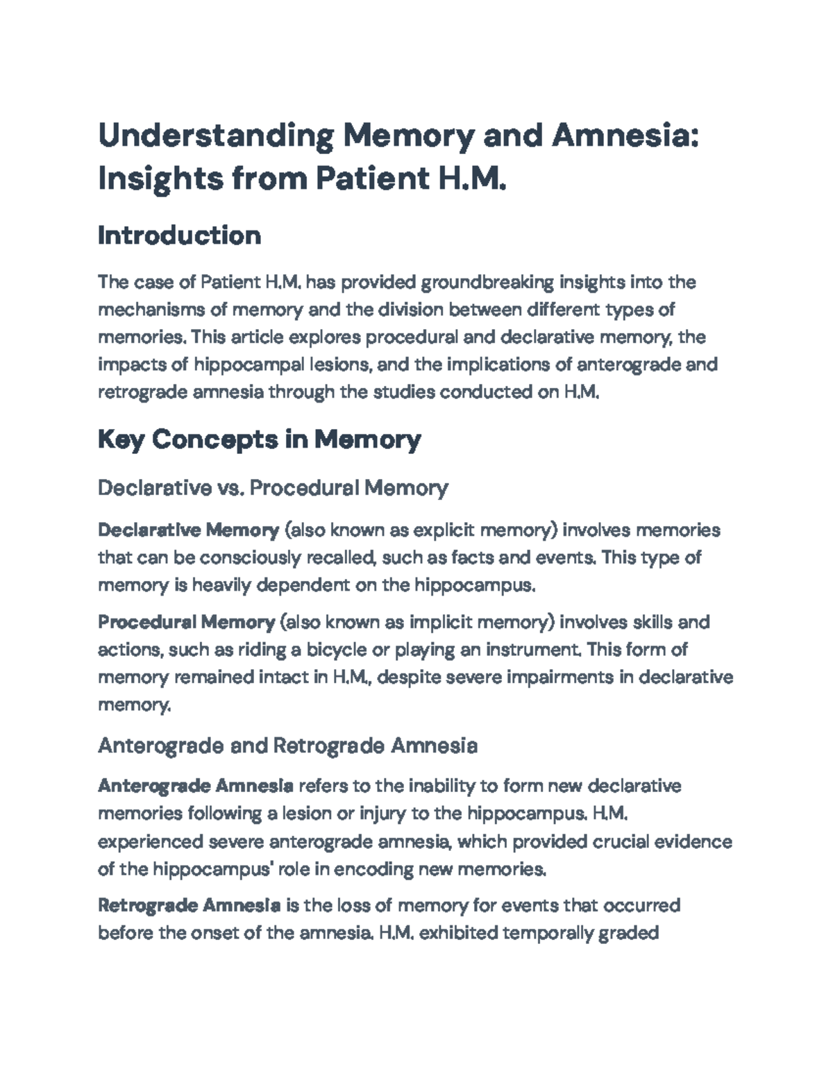 Understanding Memory and Amnesia: Insights from Patient H.M ...