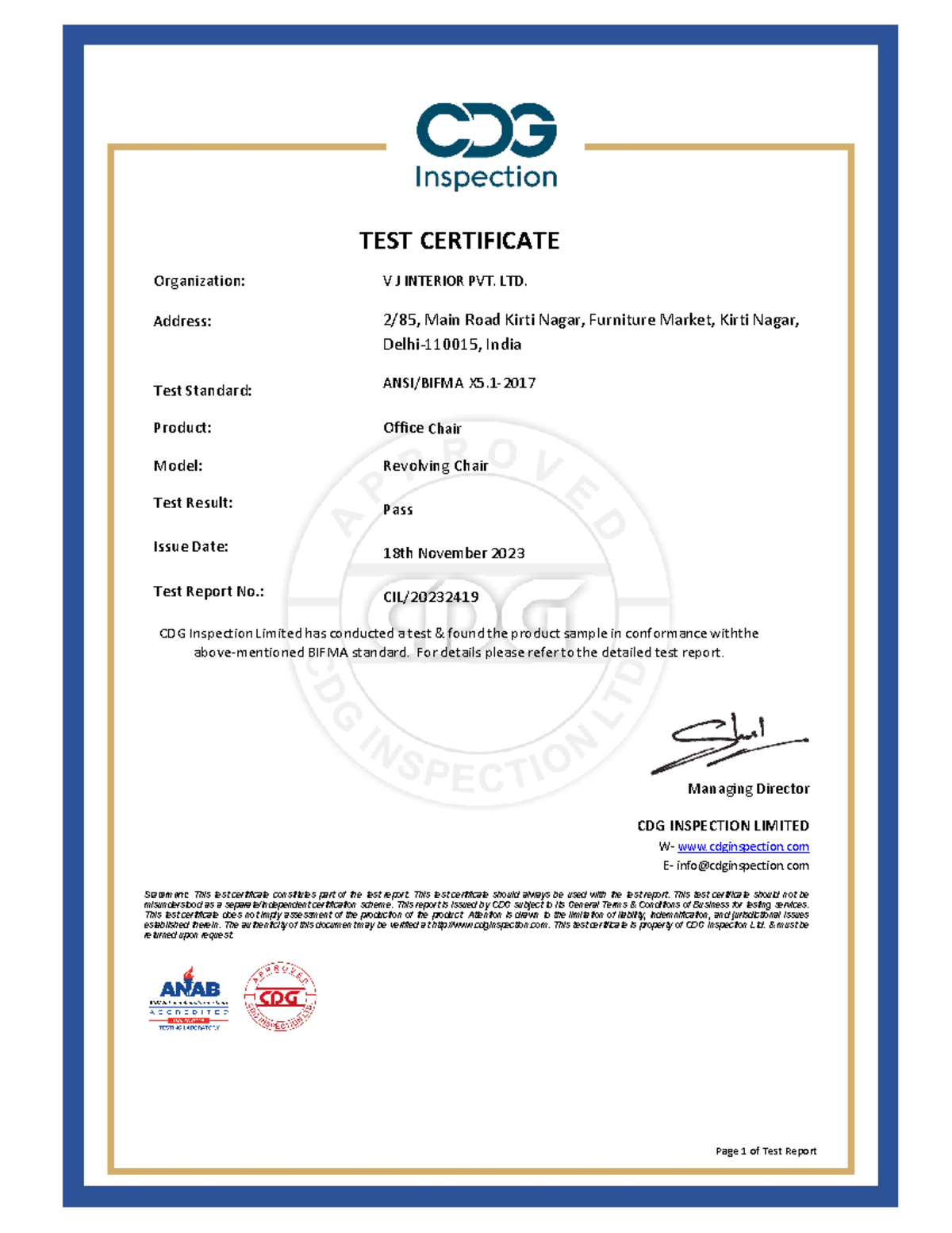 Test Report: ANSI/BIFMA X5-2017 Certification for Revolving Chair - Studocu