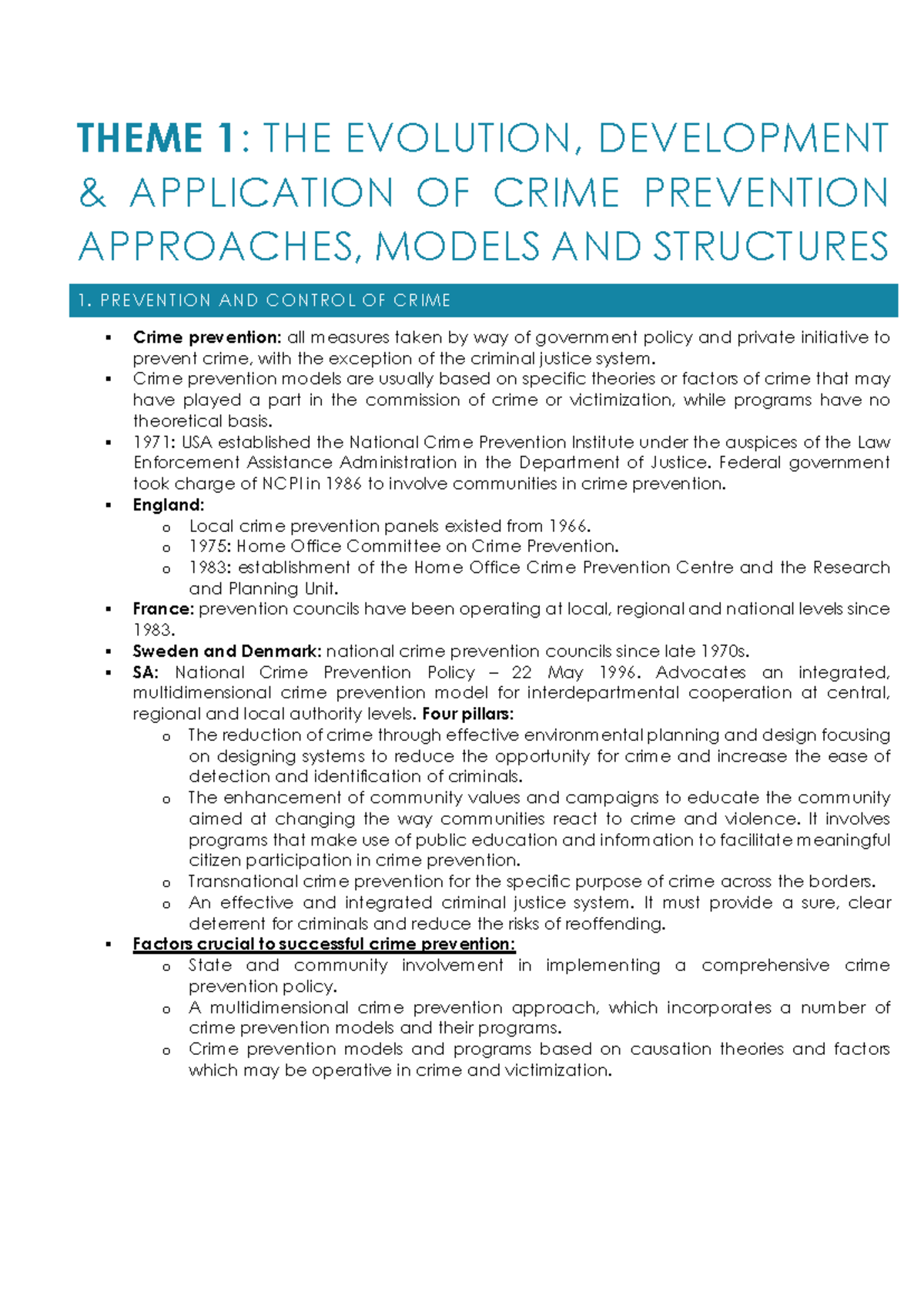 CMY2602 Summary of Crime Prevention Models and Theoretical Approaches ...