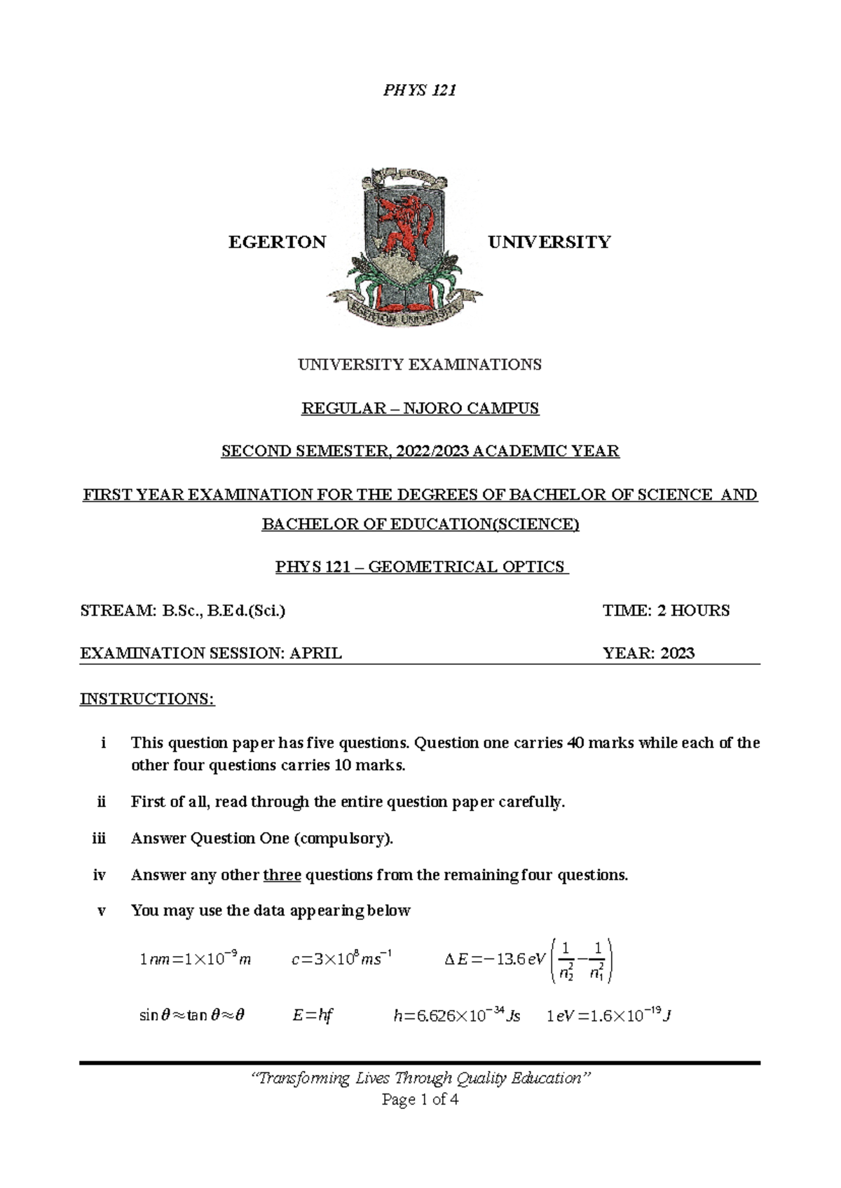 Final Exam PHYS 121 Geometrical Optics QP - April 2023 - Studocu