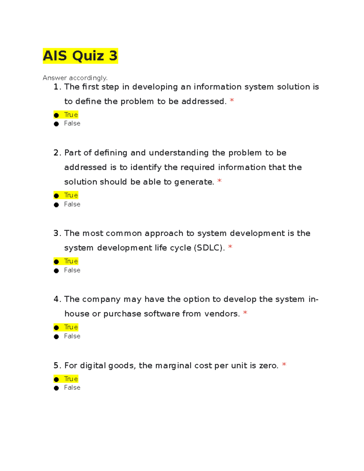 AIS Quiz 3: Key Concepts in Information Systems Development - Studocu