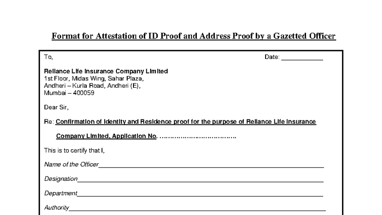 Address and ID Proof Format for Reliance Life Insurance - Studocu