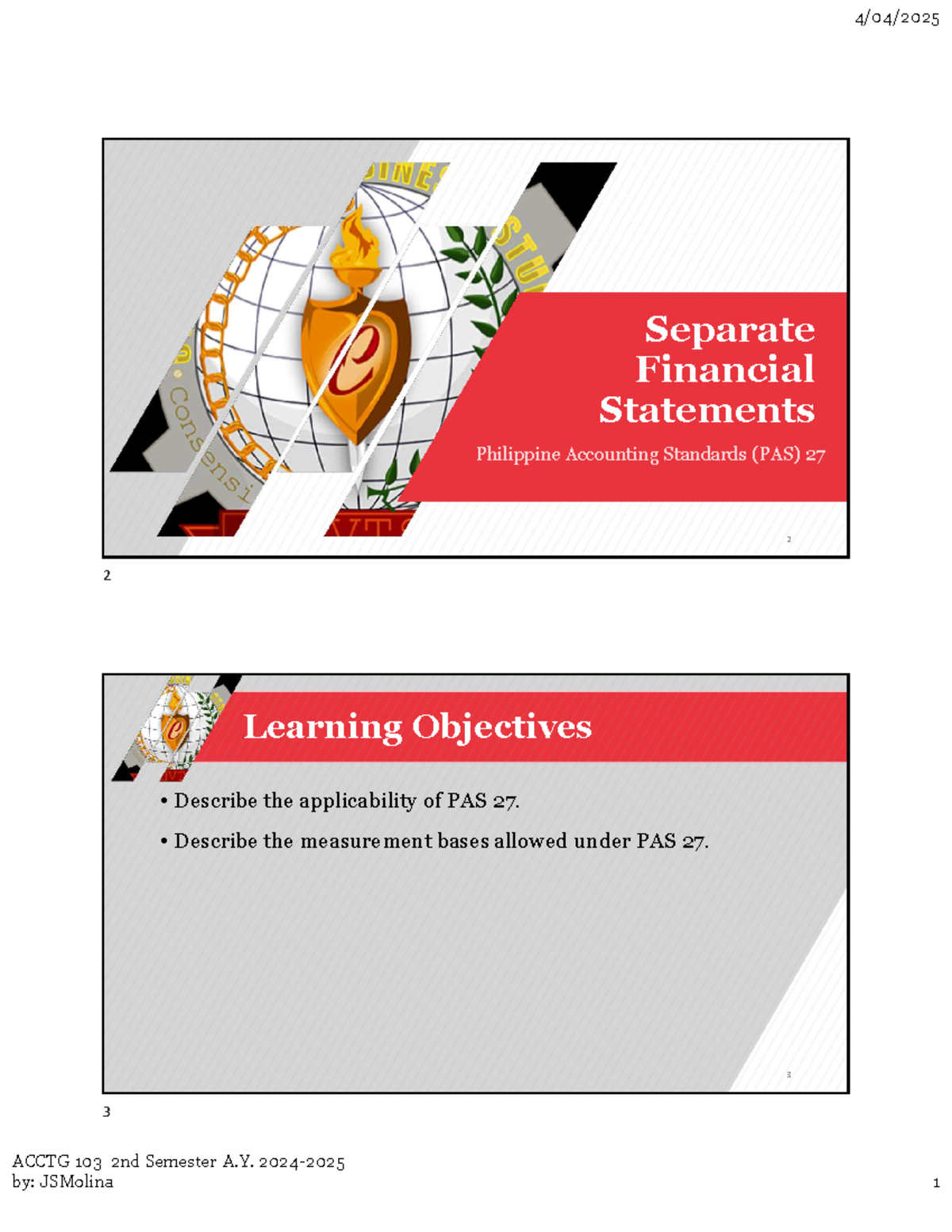 PAS 27 - Separate Financial Statements Overview for ACCTG 103 - Studocu