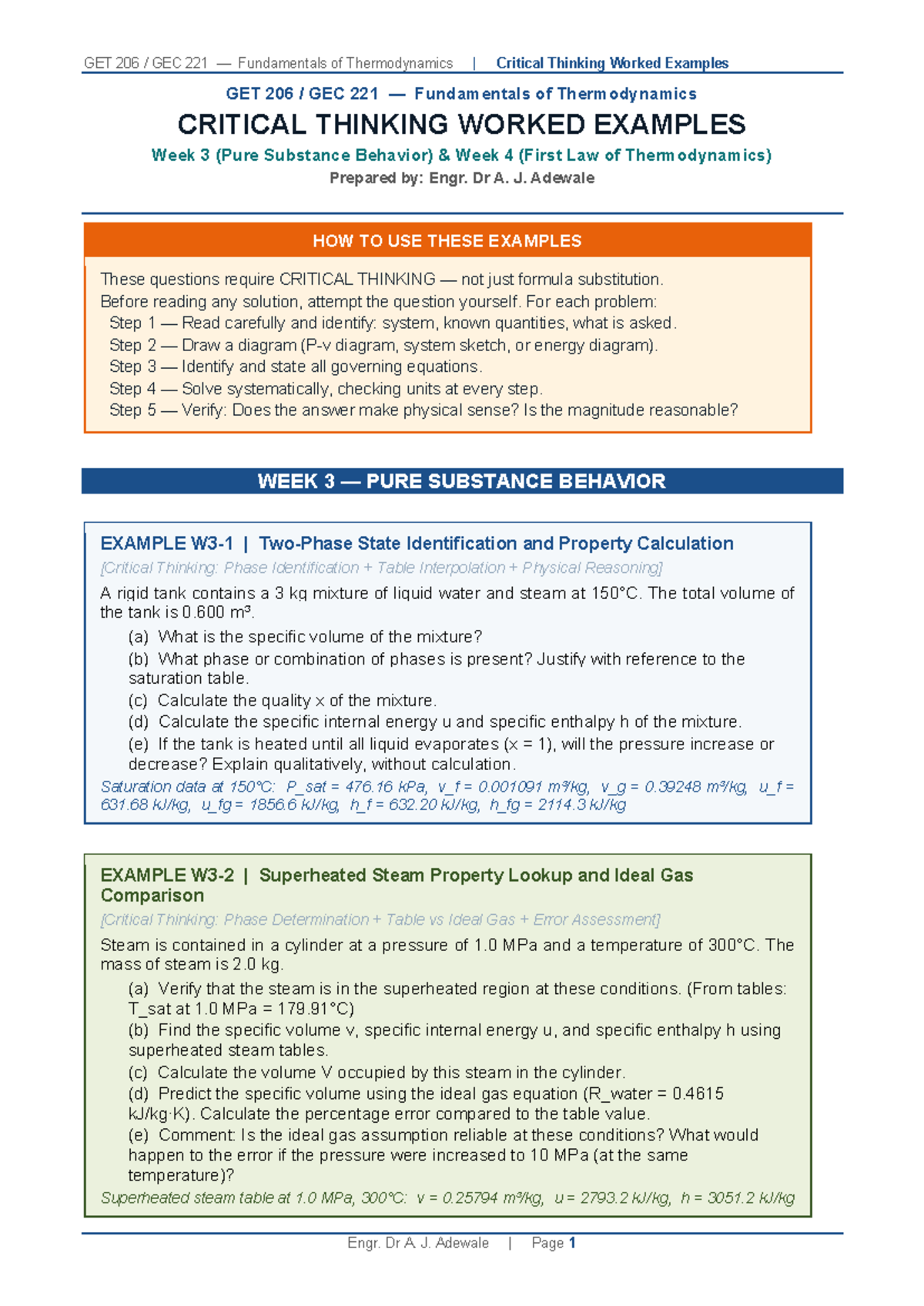 GET 206 GEC 221 Thermodynamics Critical Thinking Worked Examples W3 ...