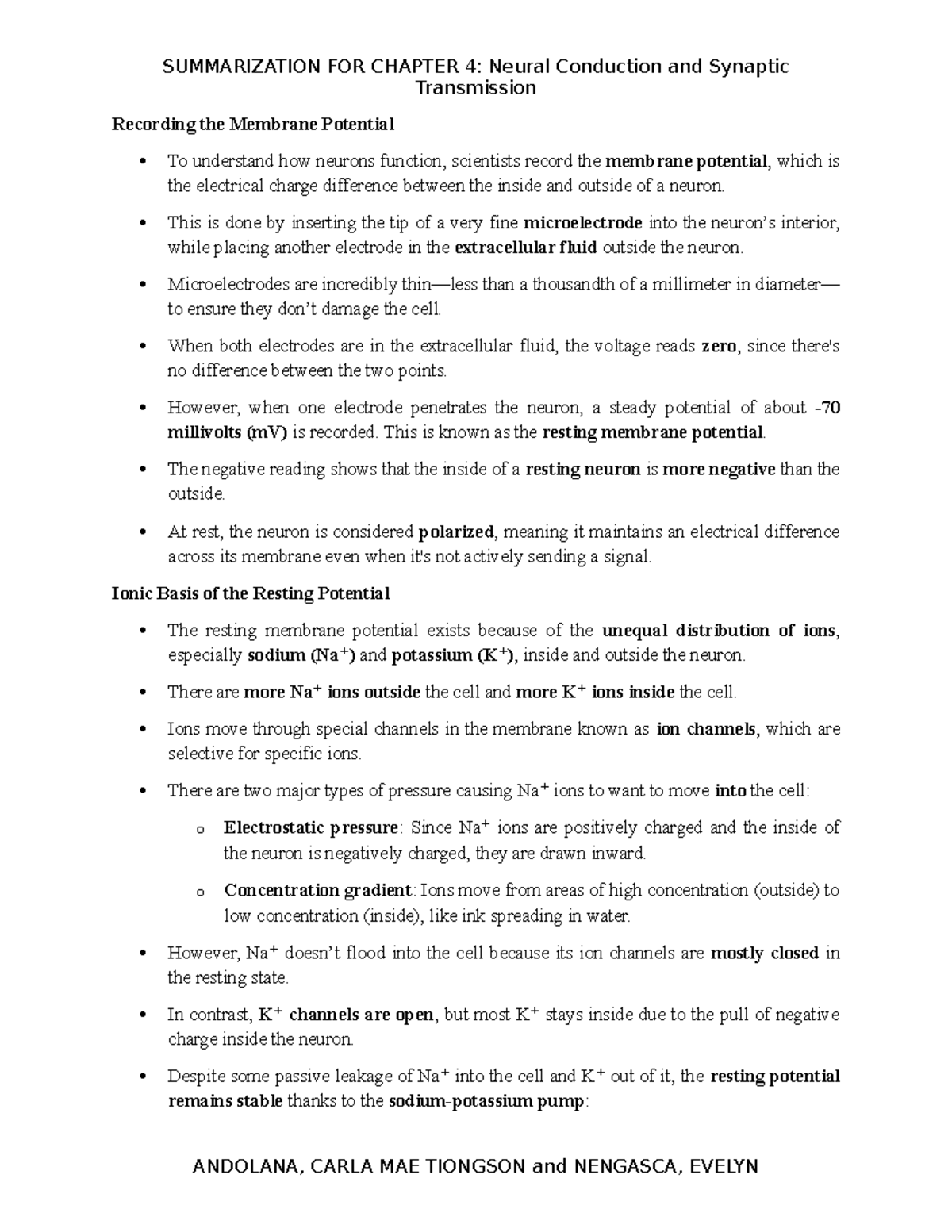 SUMMARIZATION OF CHAPTER 4: Neural Conduction & Synaptic Transmission ...