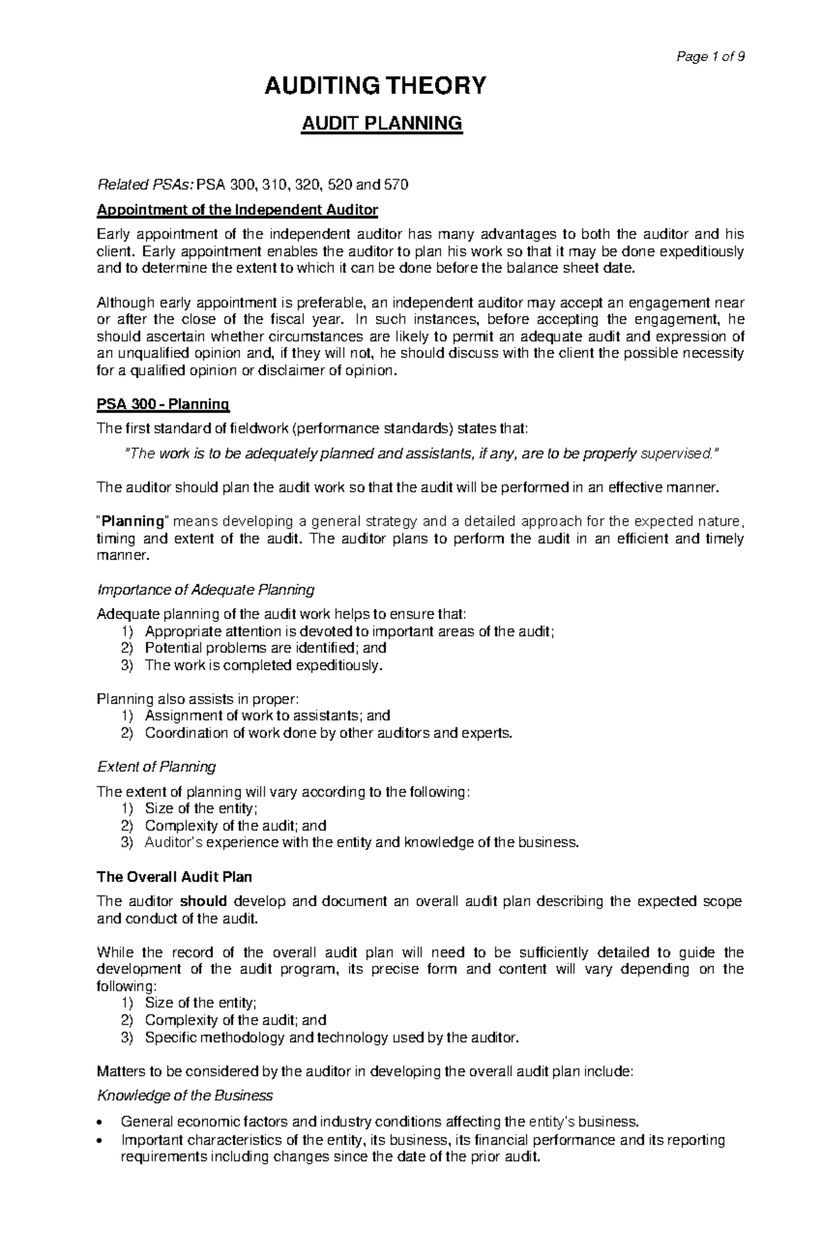 AUD1 - Final Exam Notes on Audit Planning and PSAs - Studocu