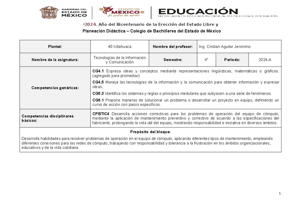 Planeación Docente: Mantenimiento y Redes de Cómputo TIC 4° 2024-A - Document Preview