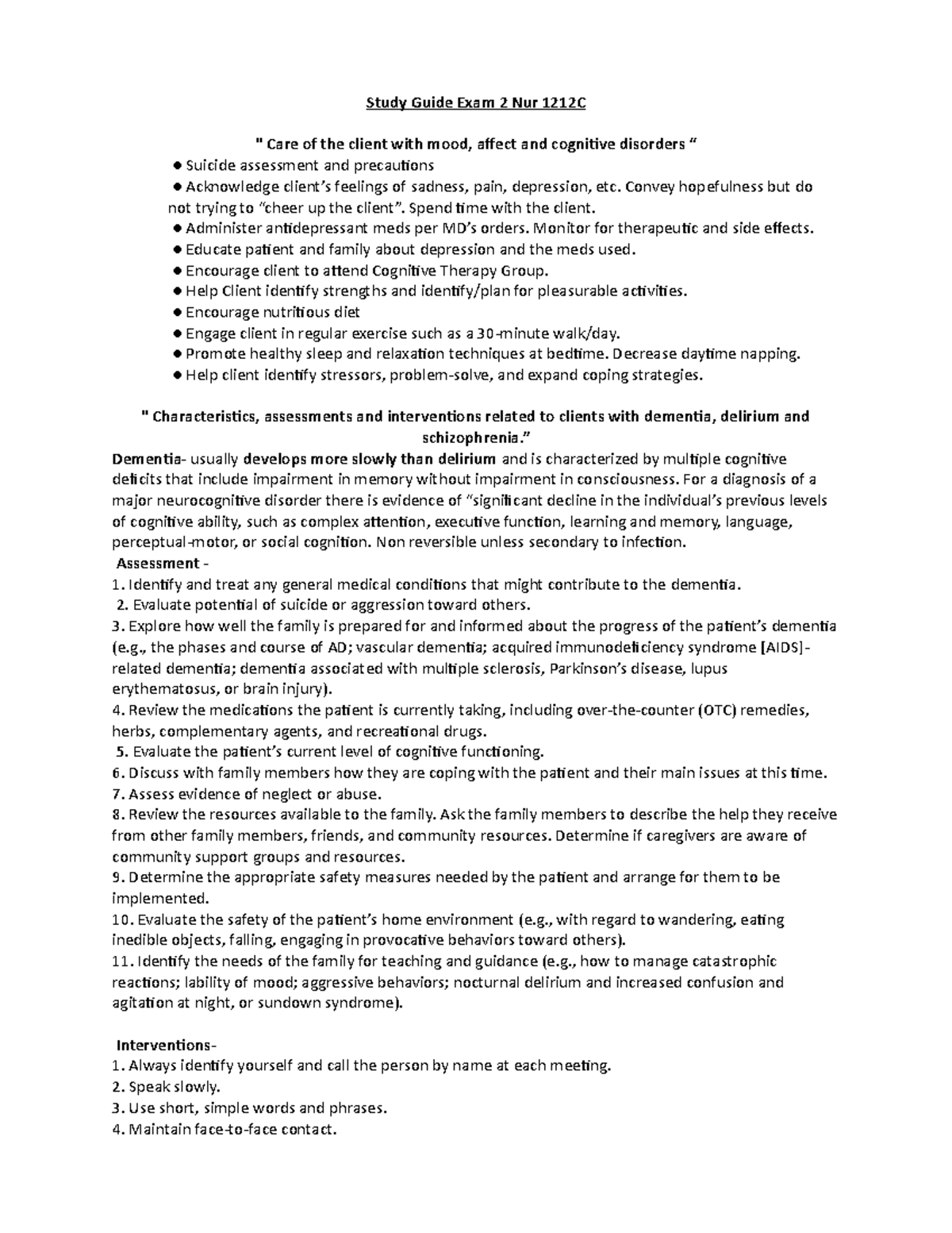Exam 2 Study Guide - Cognitive and Mood Disorders Review (NUR 1212C ...