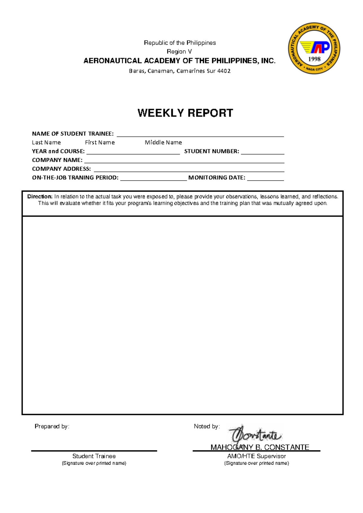 AAP Weekly Report - sample - Republic of the Philippines Region V ...