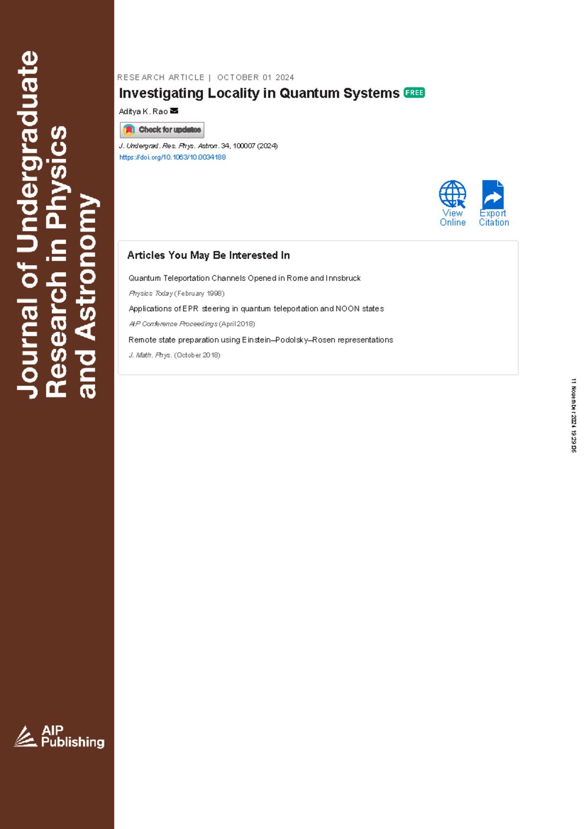 Investigating Locality in Quantum Systems: A QIS Research Article - Studocu