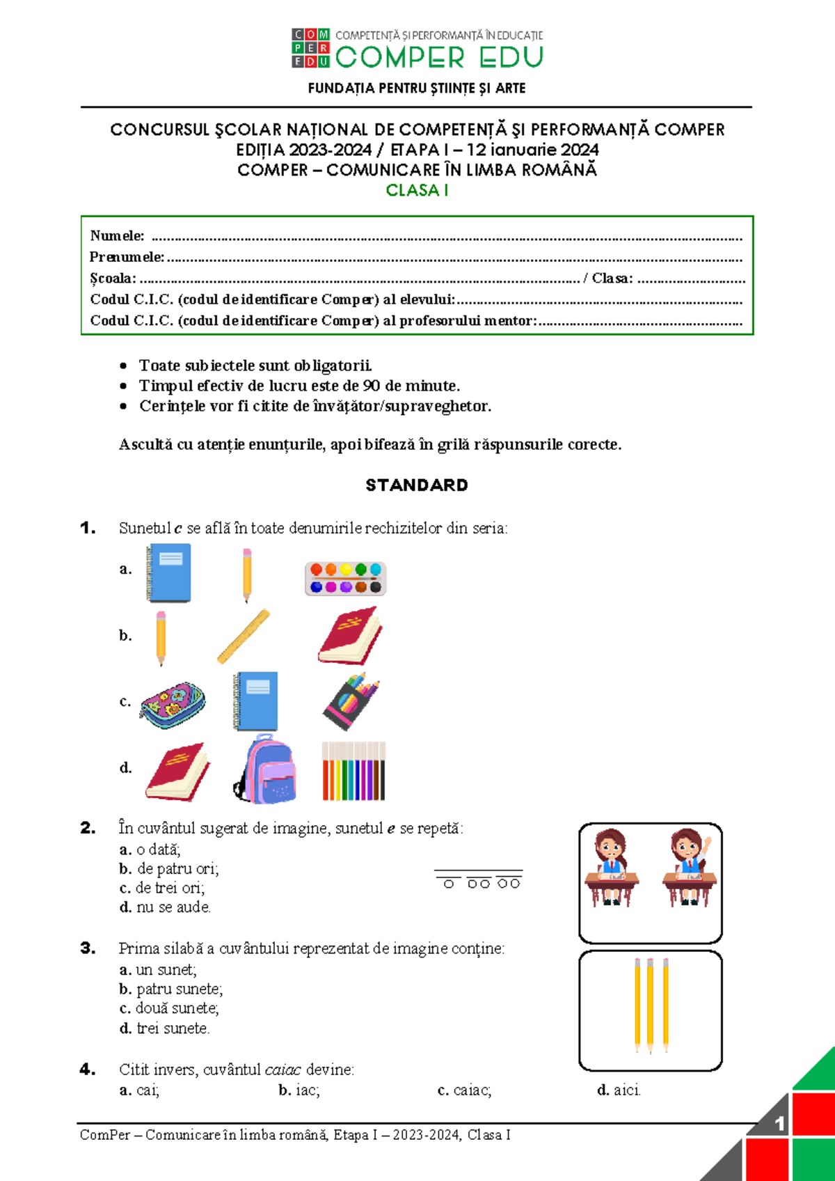 ComPer Română Etapa I 2023-2024 - Examen Clasa I - Studocu