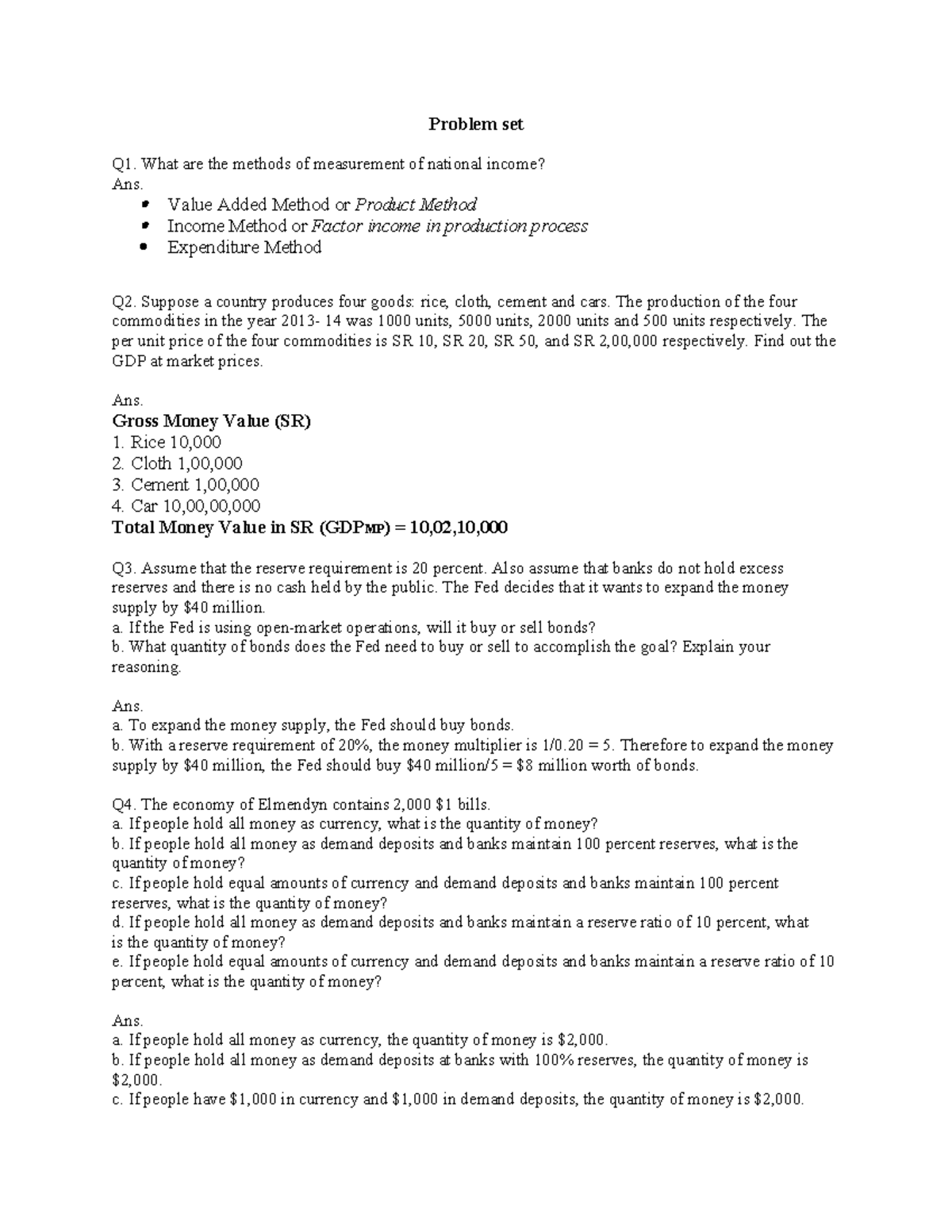Practice set final-1 - Problem set Q1. What are the methods of ...