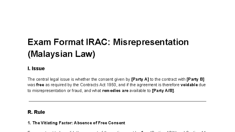 Exam Format IRAC: Misrepresentation in Malaysian Law (Contract 2-4 ...