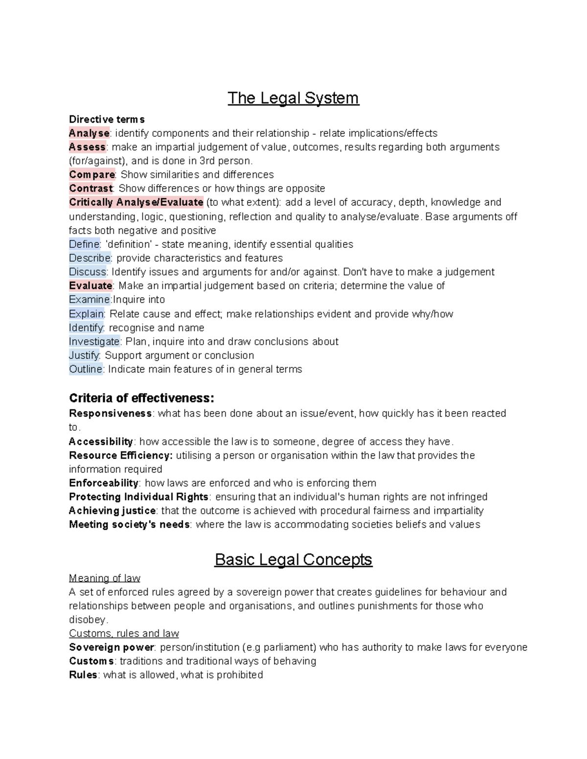 Legal Year 11 Study Notes: Term 1 Overview and Key Concepts - Studocu