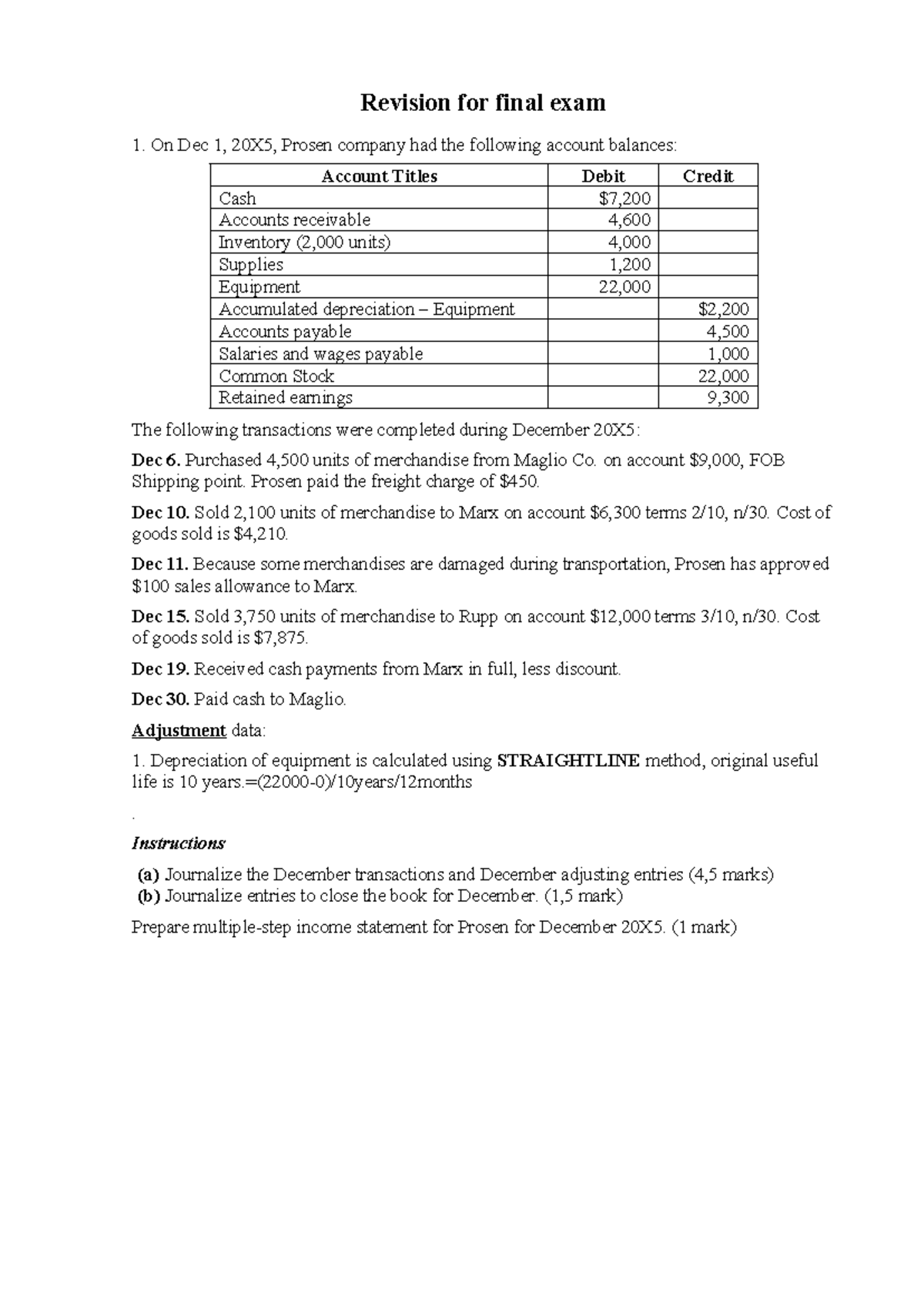 Revision for Final Exam ACCT 101: December Transactions and Adjustments ...