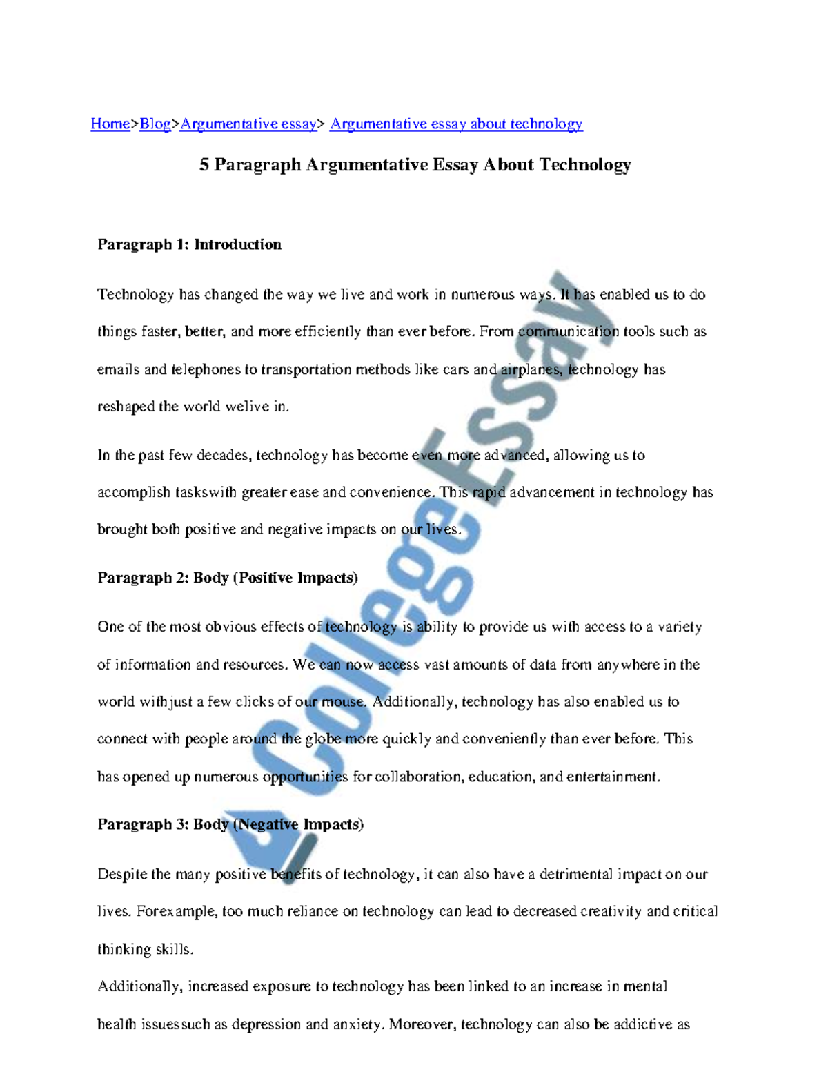 5 Paragraph Argumentative Essay on Technology - Studocu
