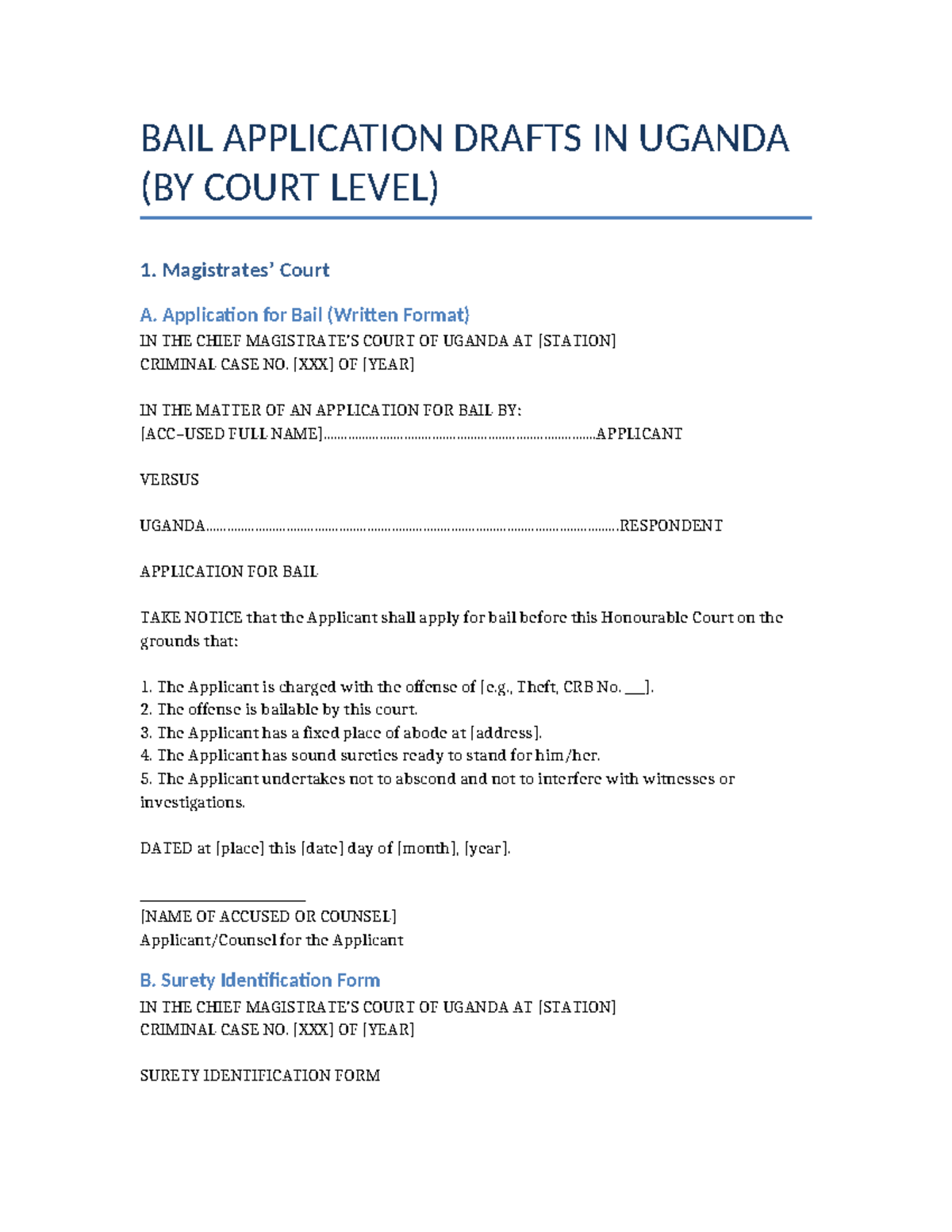 Bail Application Drafts in Uganda (Court Level) - Studocu