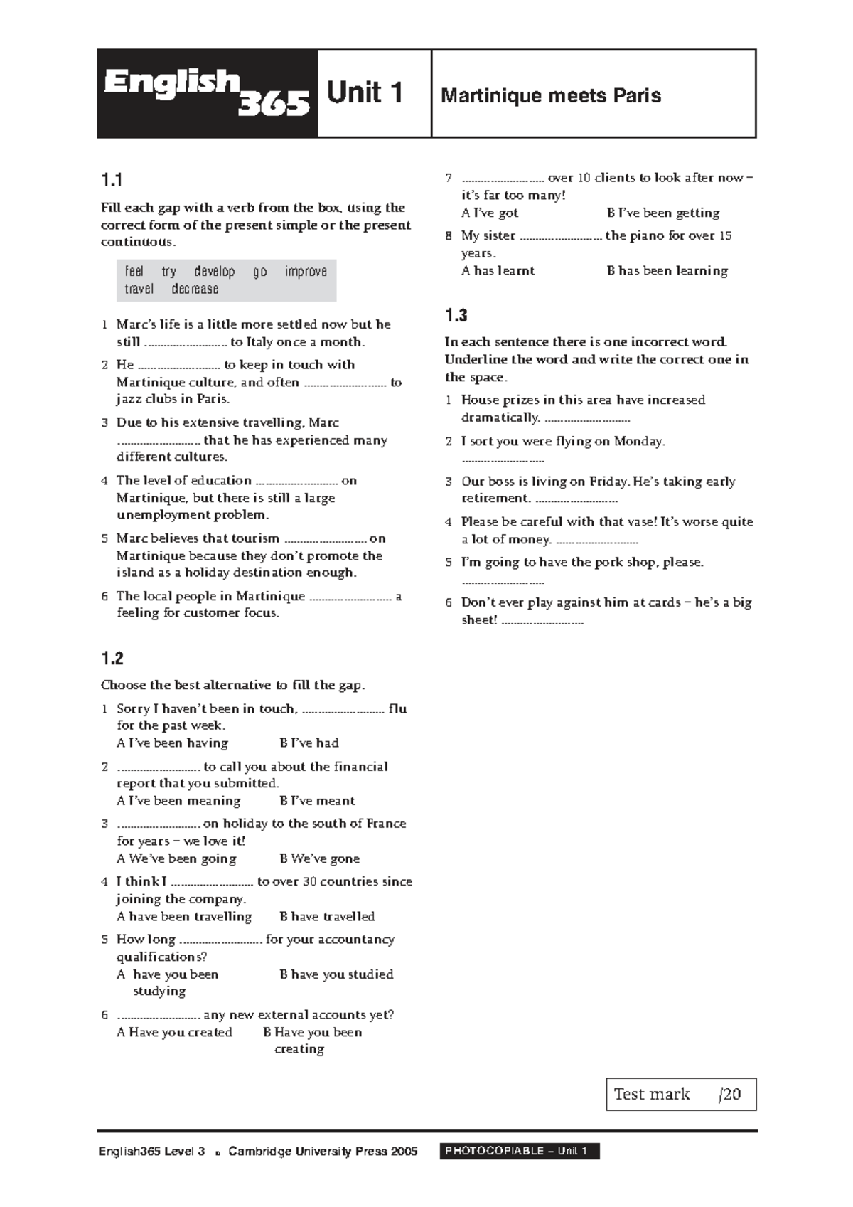 English 365 Unit 1 Worksheet: Present Simple & Continuous Exercises ...