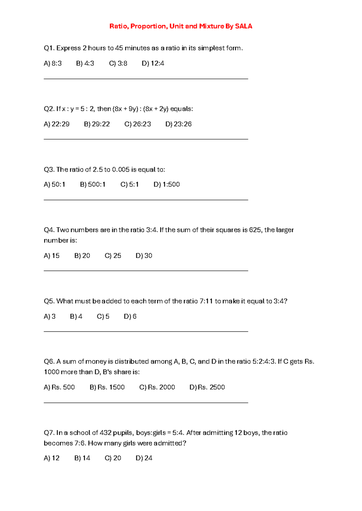 Ratio, Proportion, Unit and Mixture MCQs - SALA Q1-Q50 - Studocu