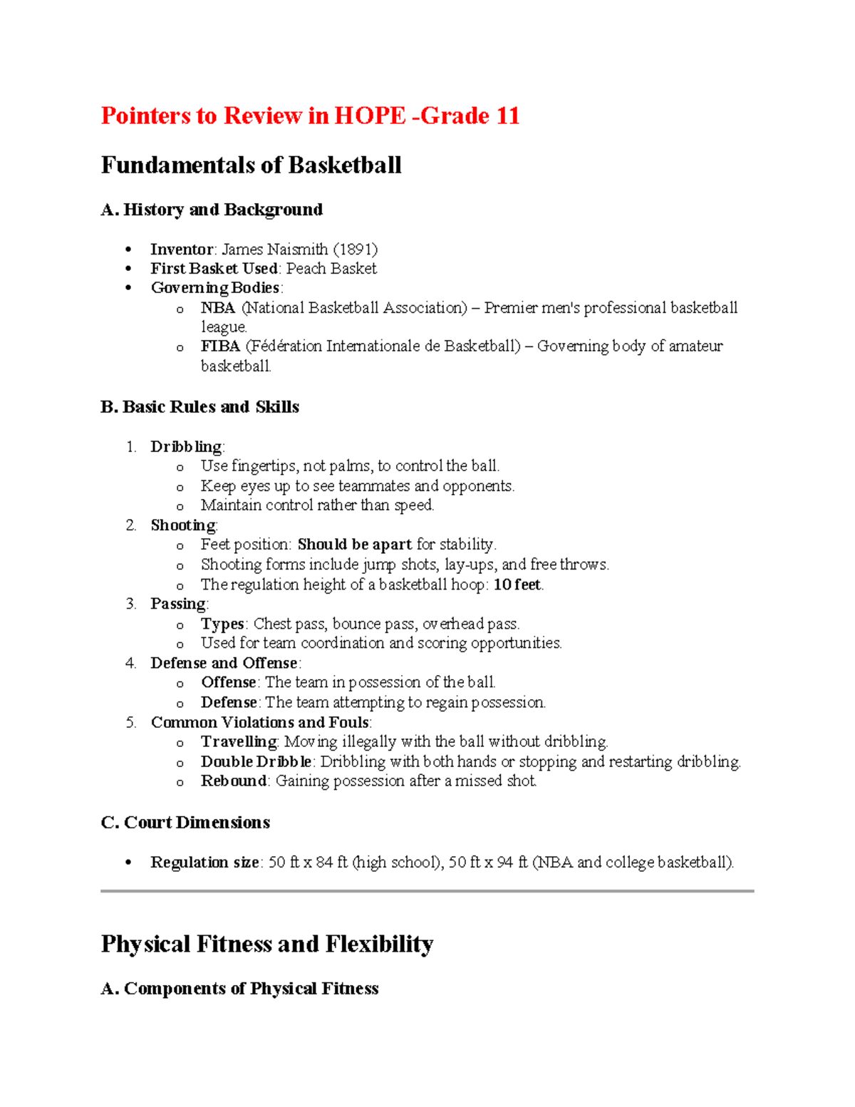 Pointers to Review for HOPE Q4 - Grade 11 Basketball & Fitness - Studocu