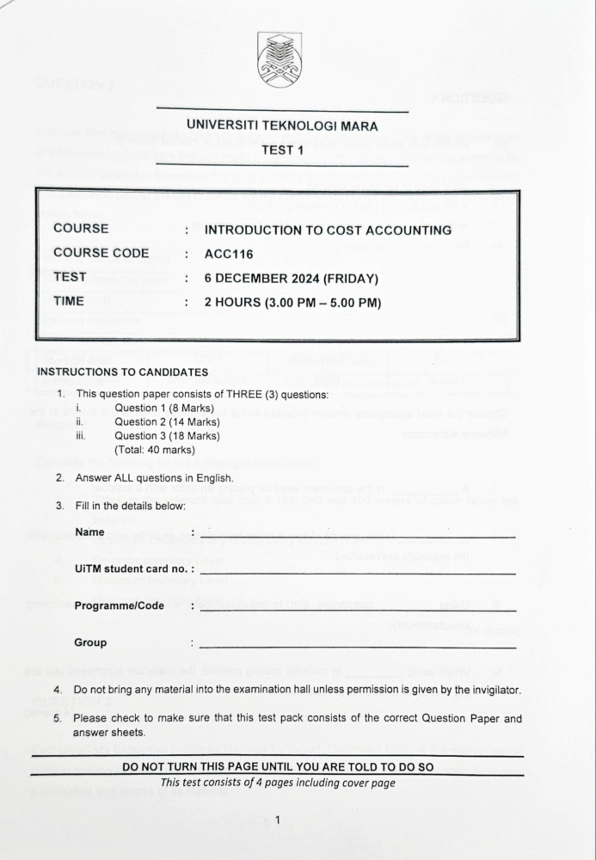 TEST 1 ACC116 - MIDTERM EXAM ON COST ACCOUNTING - Studocu
