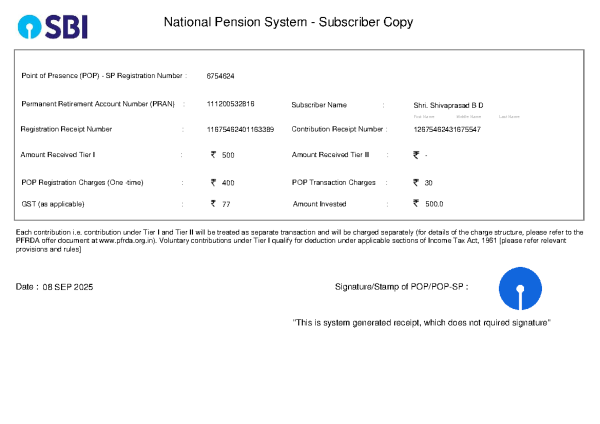 NPS Receipt - Subscriber Copy for Registration No. 6754624 - Studocu