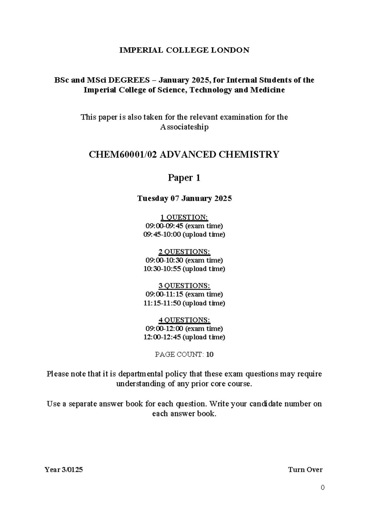 CHEM60001-02 Advanced Chemistry Topics Paper 1 Exam January 2025 - Studocu