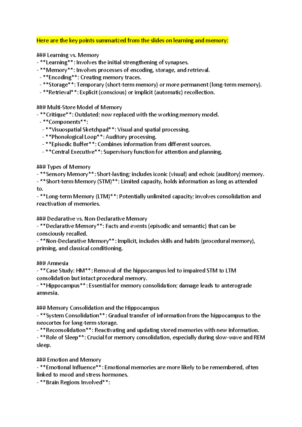 IOA Final Exam Notes: Learning, Memory, Emotion, and Motivation - Studocu