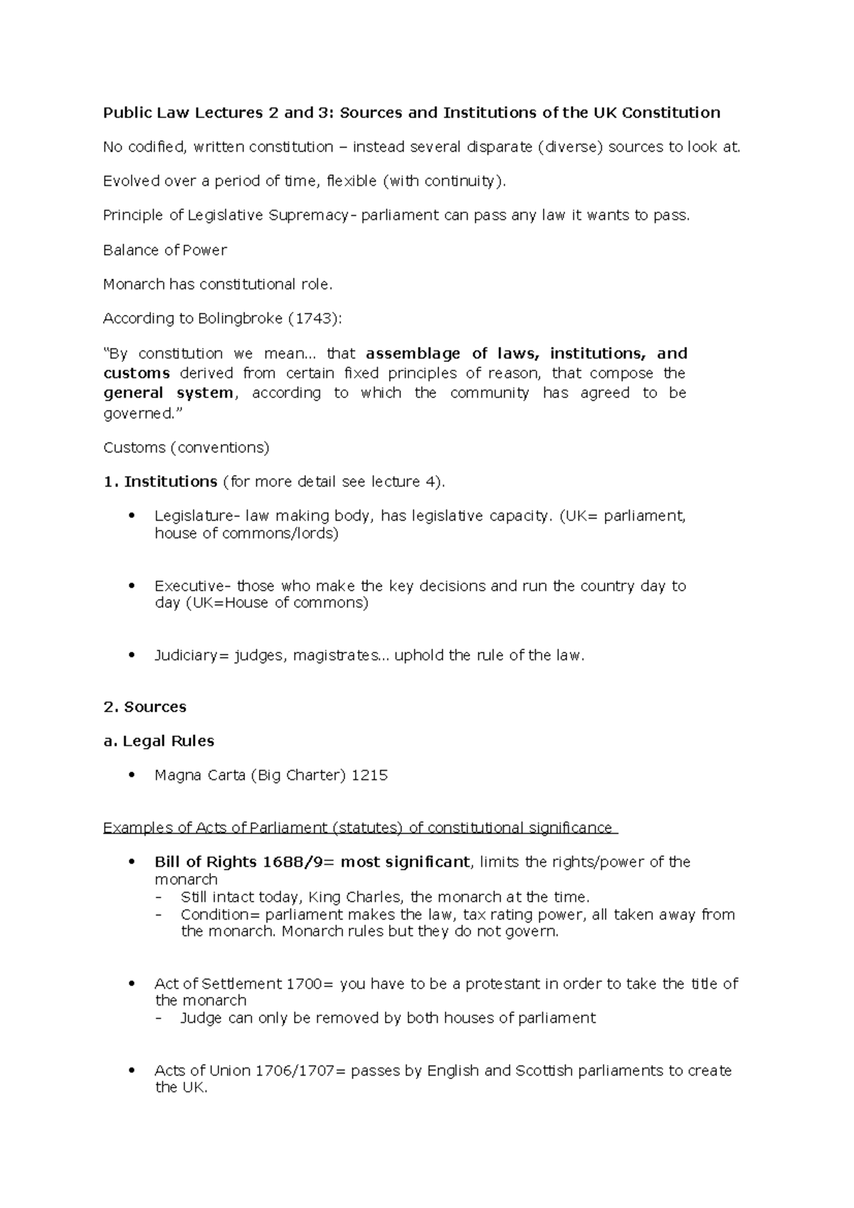 Public Law Lectures 2 & 3: UK Constitution Sources & Institutions ...