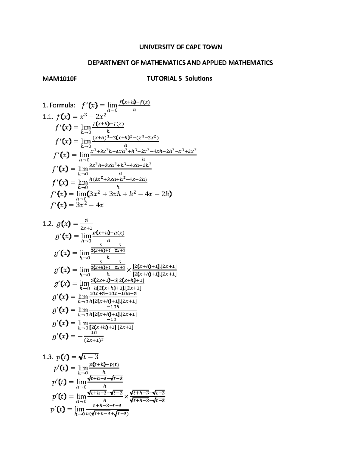 Tutorial 5 Solutions - UNIVERSITY OF CAPE TOWN DEPARTMENT OF ...