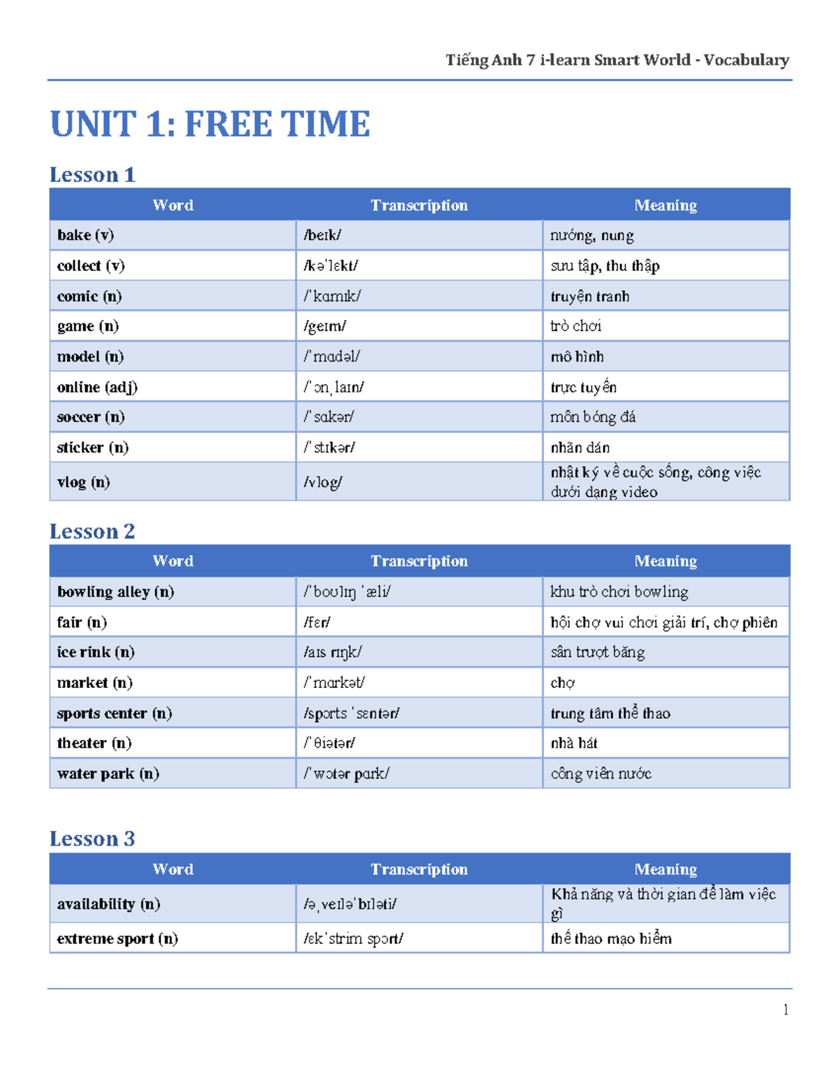 Trọn bộ từ vựng I learn Smart World 7 - UNIT 1: FREE TIME Lesson 1 Word ...