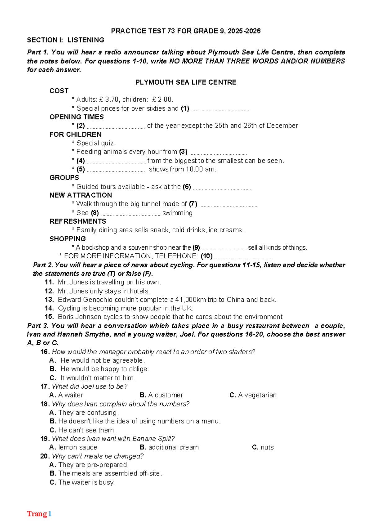 Practice Test 73 for Grade 9: Listening & Language Skills - Studocu