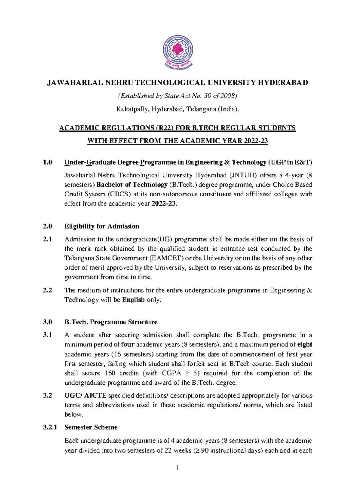 JNTUH B.Tech R22 Academic Regulations (Updated for 2022-23) - Studocu