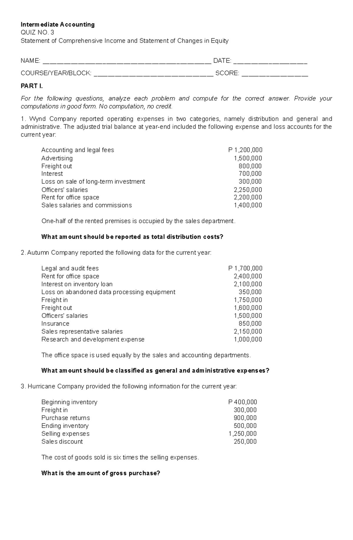 IA3-QUIZ3: Comprehensive Income & Changes in Equity Analysis - Studocu