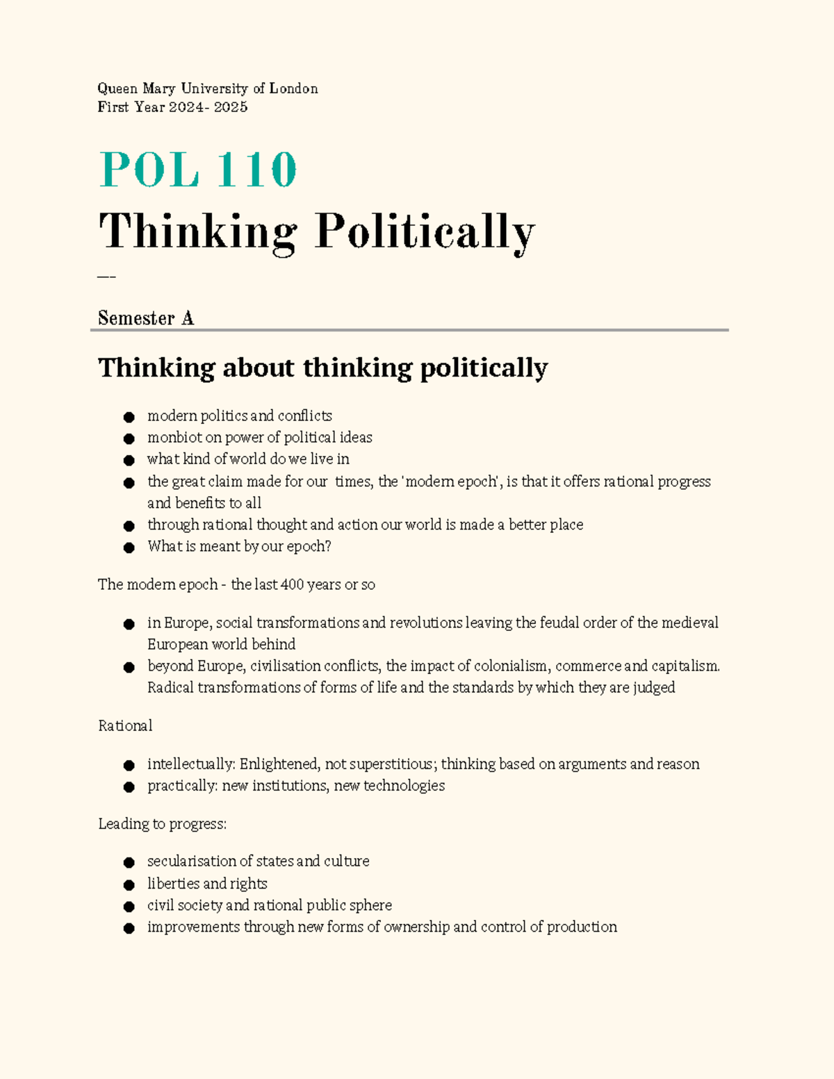 POL 110 Thinking Politically: Comprehensive Lecture Summaries for 2025 ...