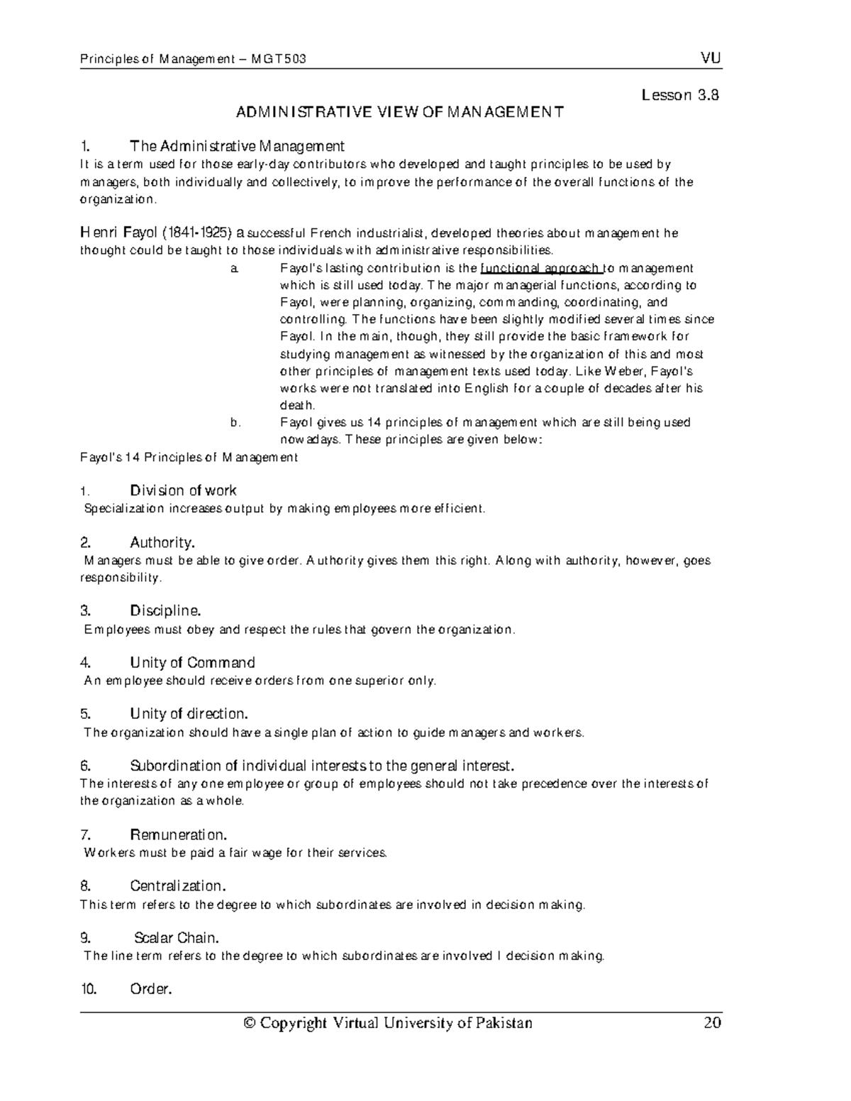 MGT503 VU Lesson 3.8: Administrative View of Management Principles ...