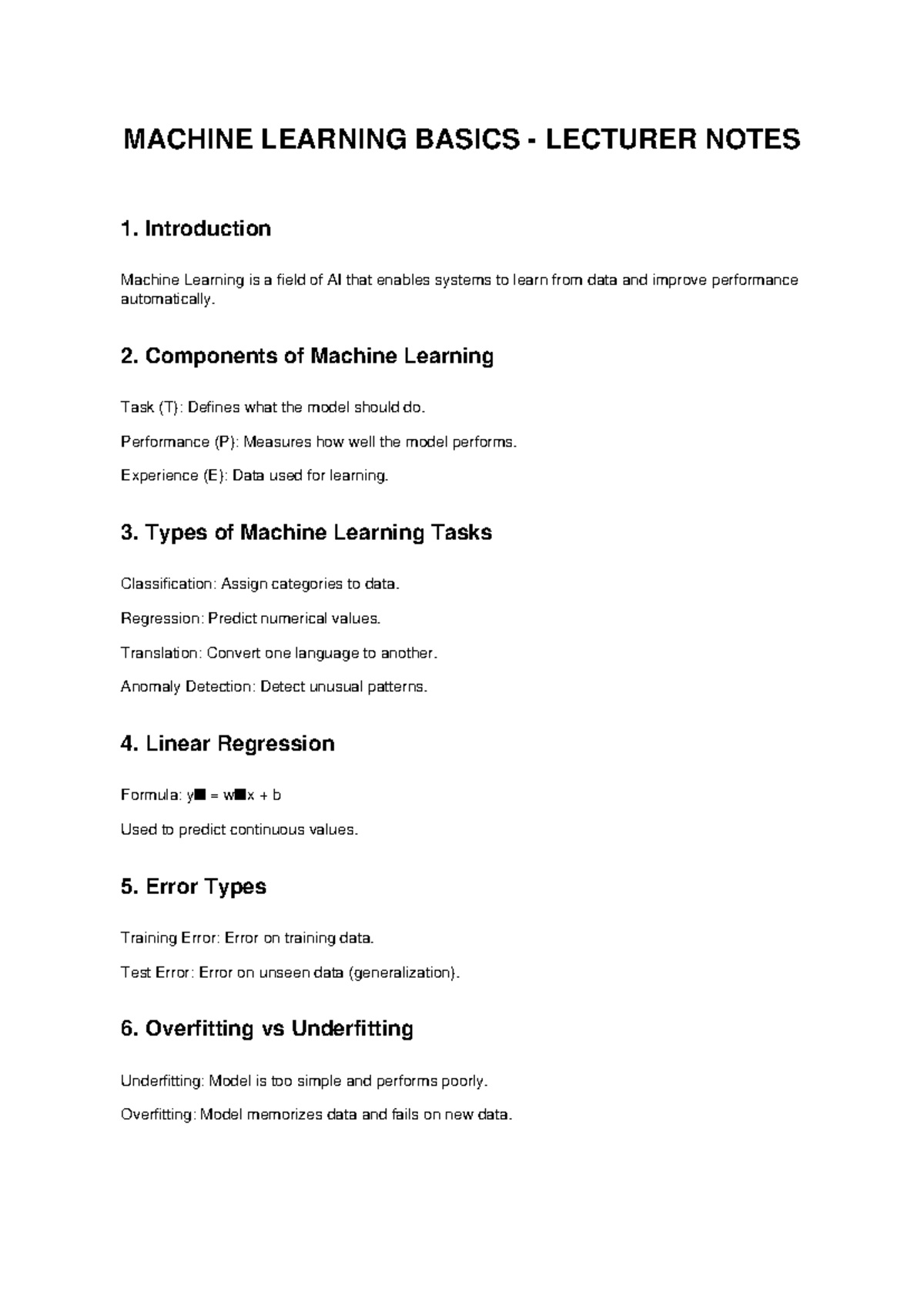 MACHINE LEARNING BASICS LECTURE NOTES (ML101) - Studocu