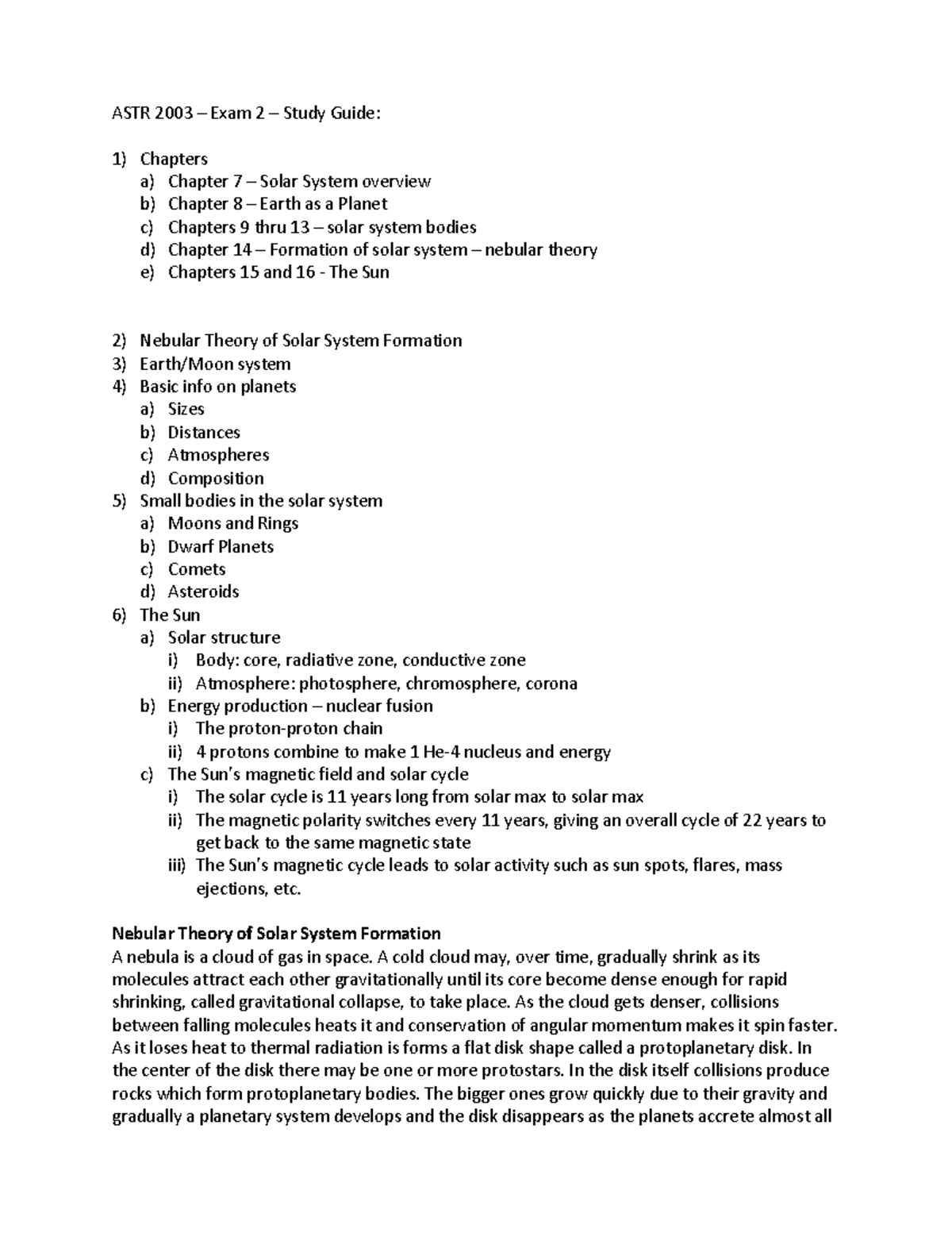 ASTR 2003 – Exam 2 Study Guide: Solar System Overview & Formation - Studocu