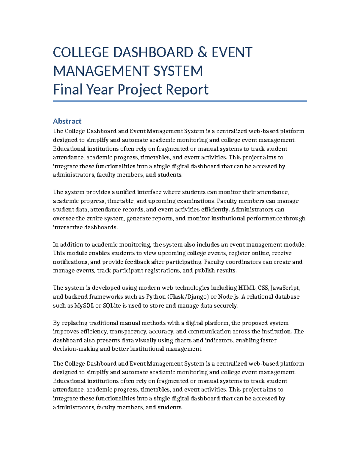 College Dashboard & Event Management System: Final Year Project Report ...