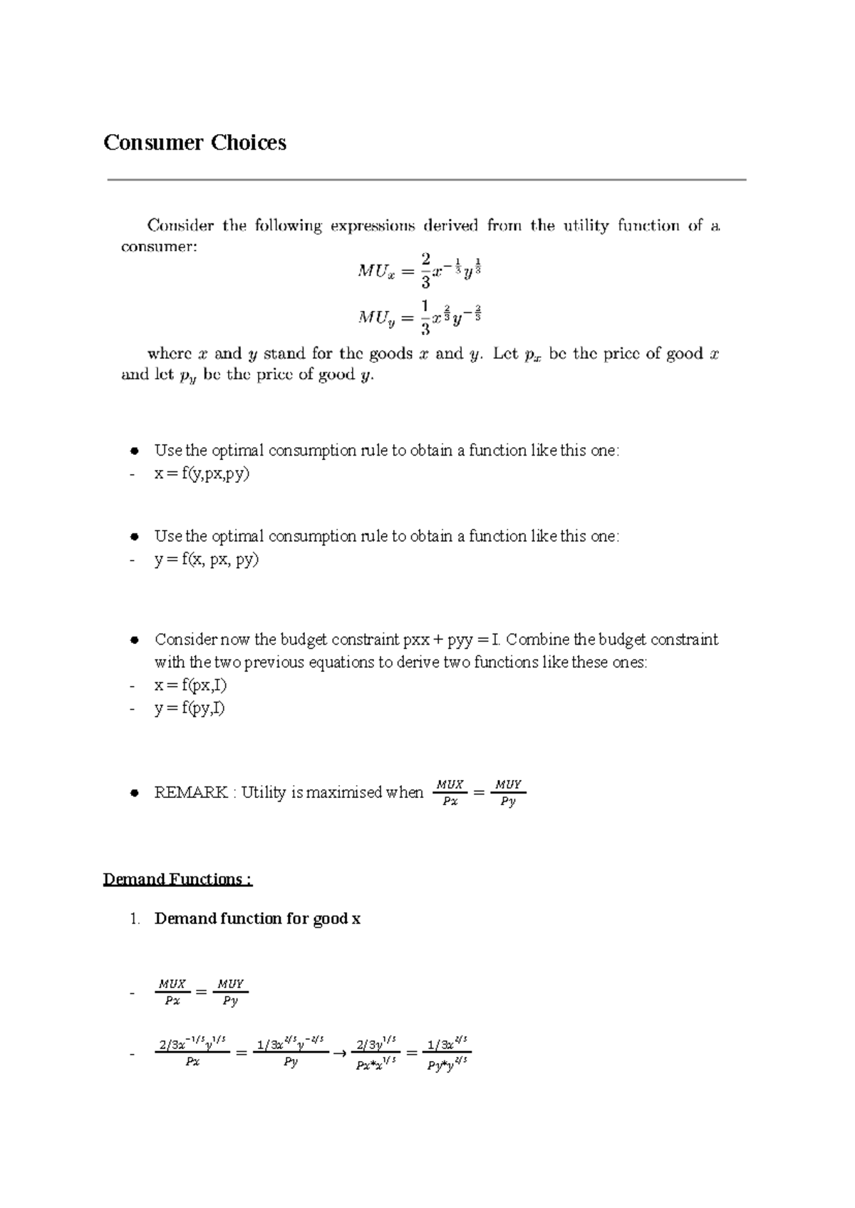 Consumer Choices Exercise - Demand Functions & Budget Constraints - Studocu