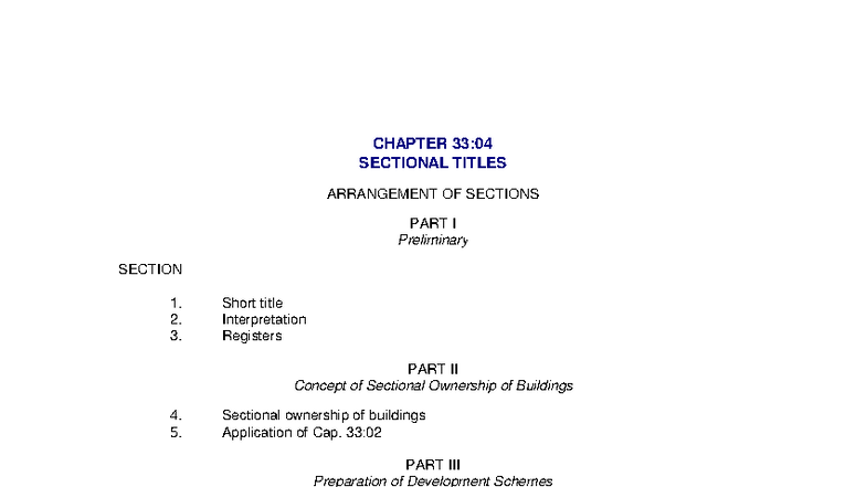 CHAPTER 33:04 SECTIONAL TITLES - ARRANGEMENT OF SECTIONS OVERVIEW - Studocu