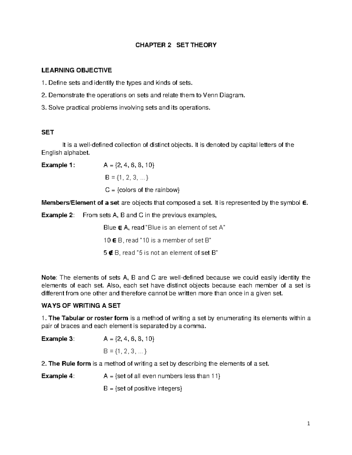 Chapter-2-SETS - Lecture notes 2 - CHAPTER 2 SET THEORY LEARNING ...