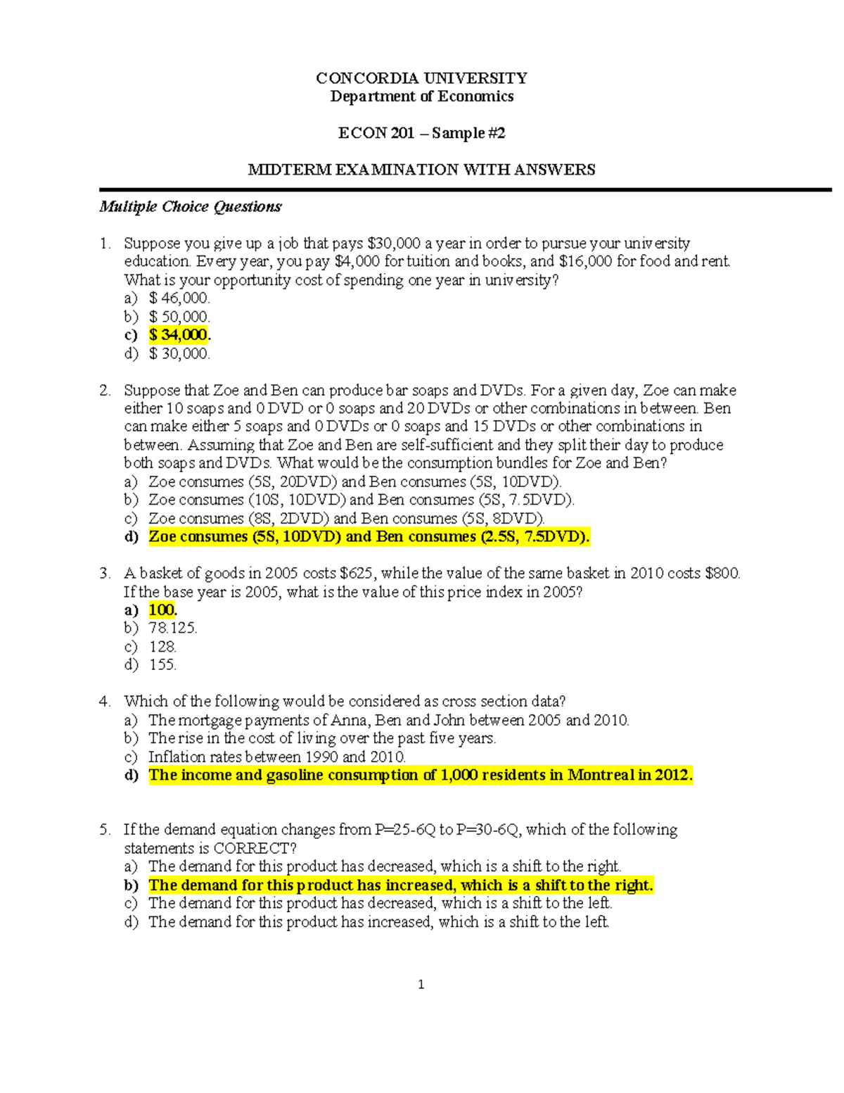 ECON 201: Midterm Exam Q&A - February 2019 with Answers - Studocu