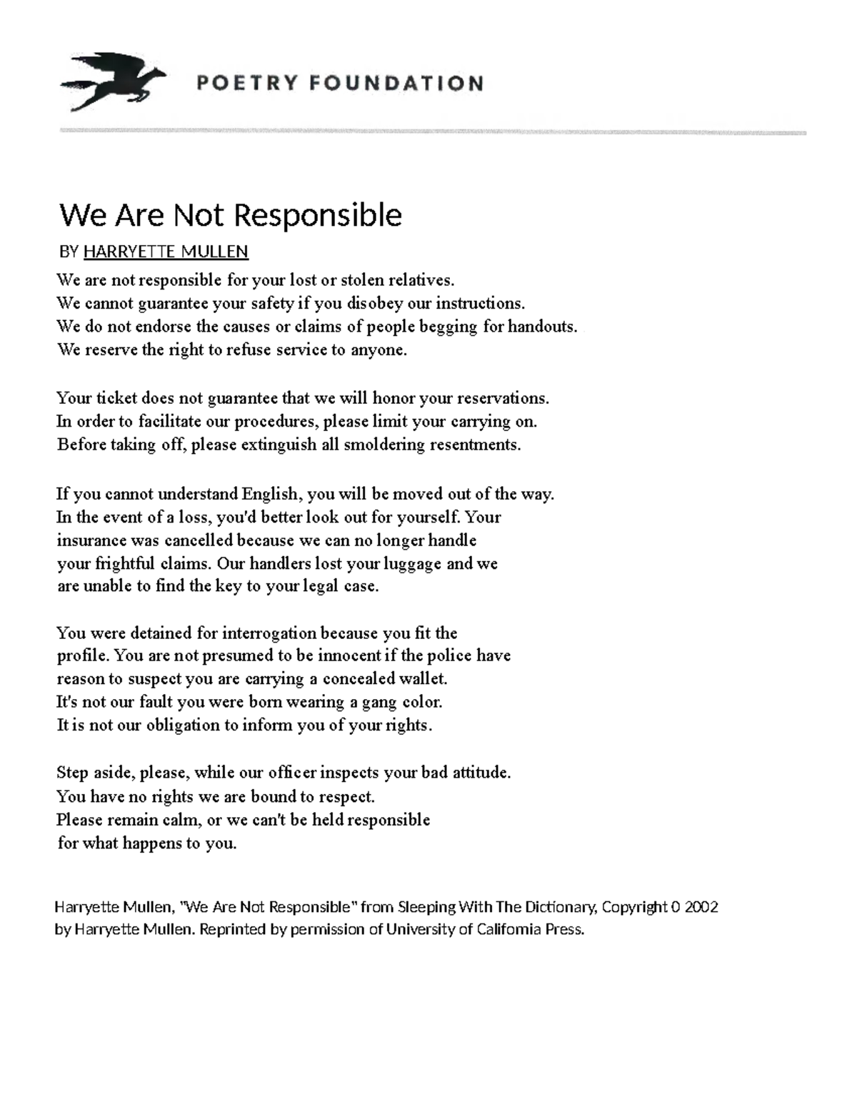 WE ARE NOT Responsible POEM We Are Not Responsible BY HARRYETTE