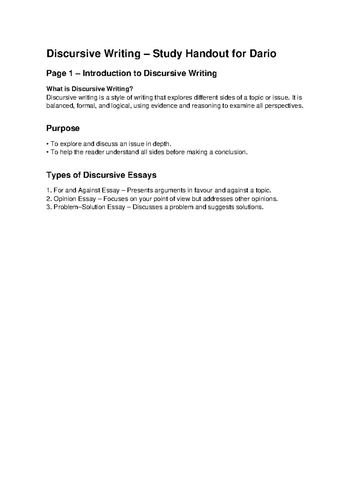 Discursive writing handout - Discursive Writing – Study Handout for ...