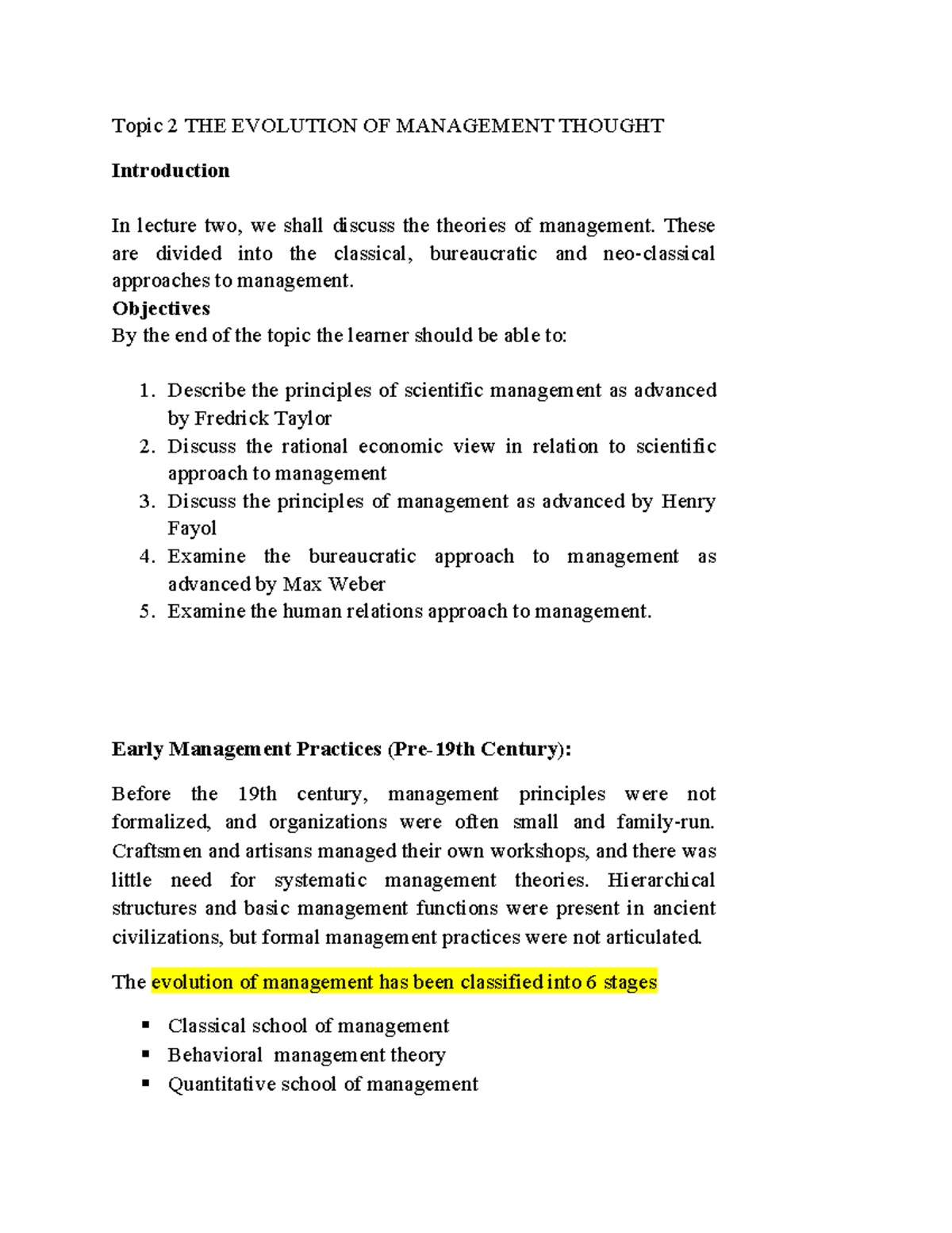 Topic 2: The Evolution of Management Thought - Lecture Notes - Studocu