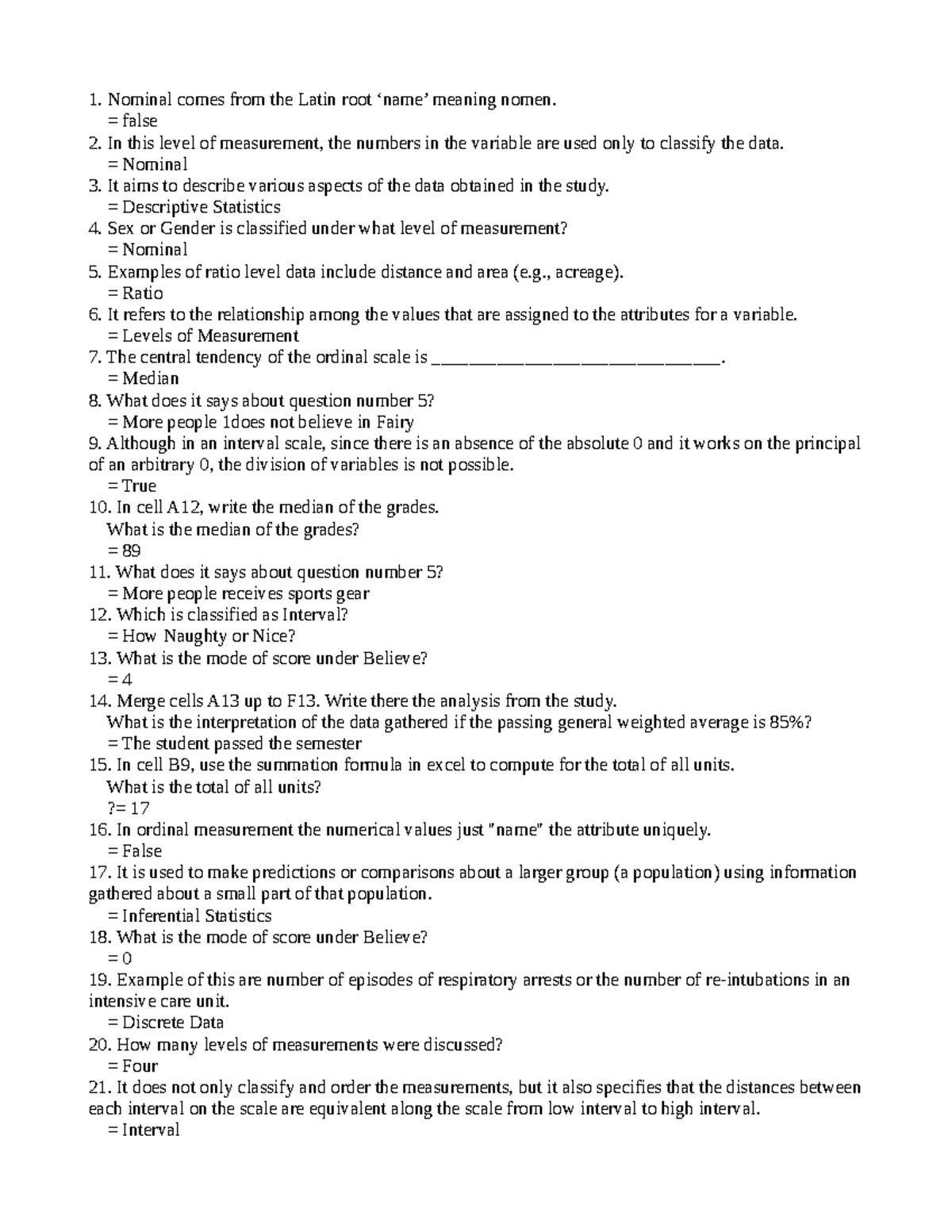 Quantitative Methods (QM 101) Practice Questions: Measurement Levels ...