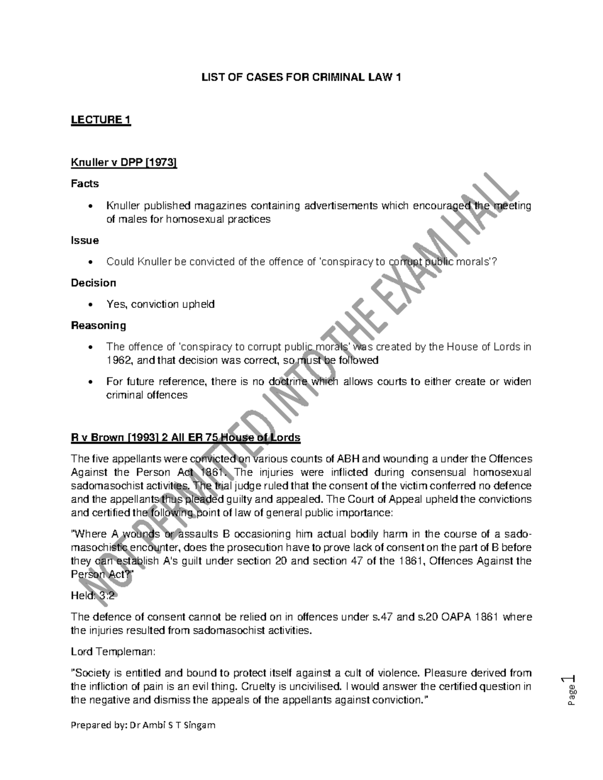 Criminal Law Case Notes - CL1 Lecture Summary and Key Decisions - Studocu