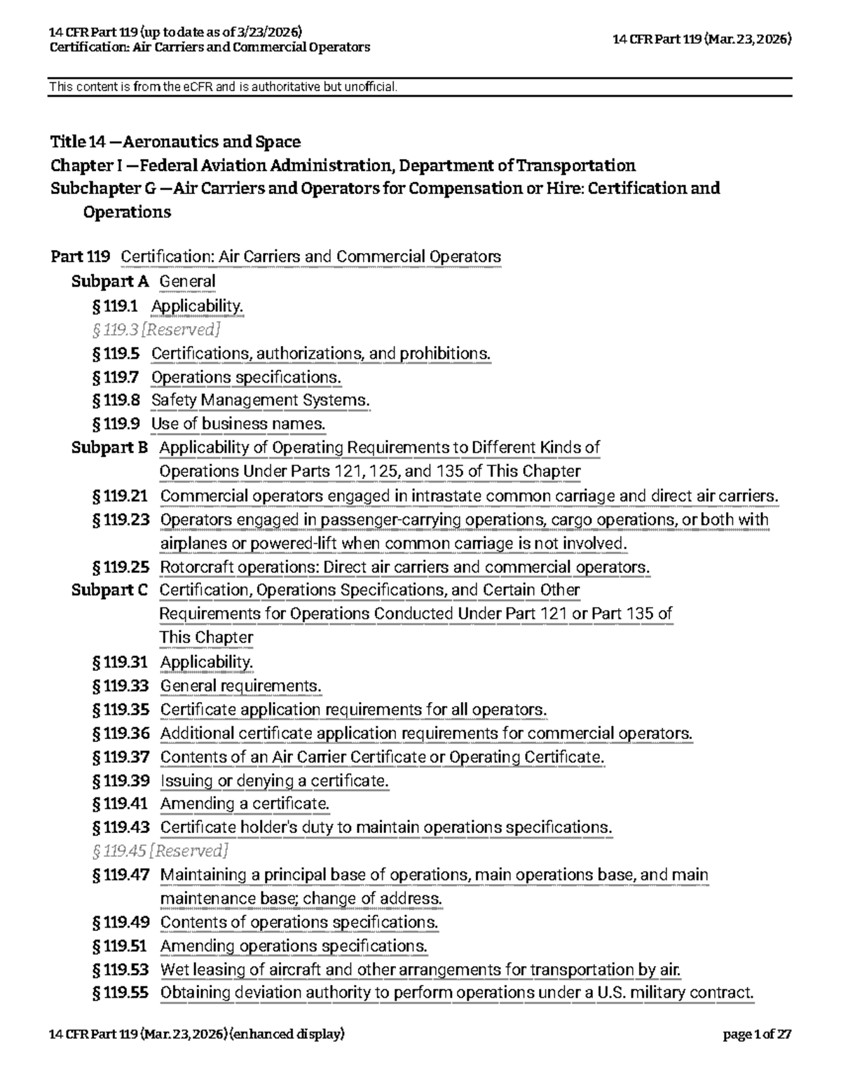14 CFR Part 119: Certification for Air Carriers & Operators (Mar. 2026 ...